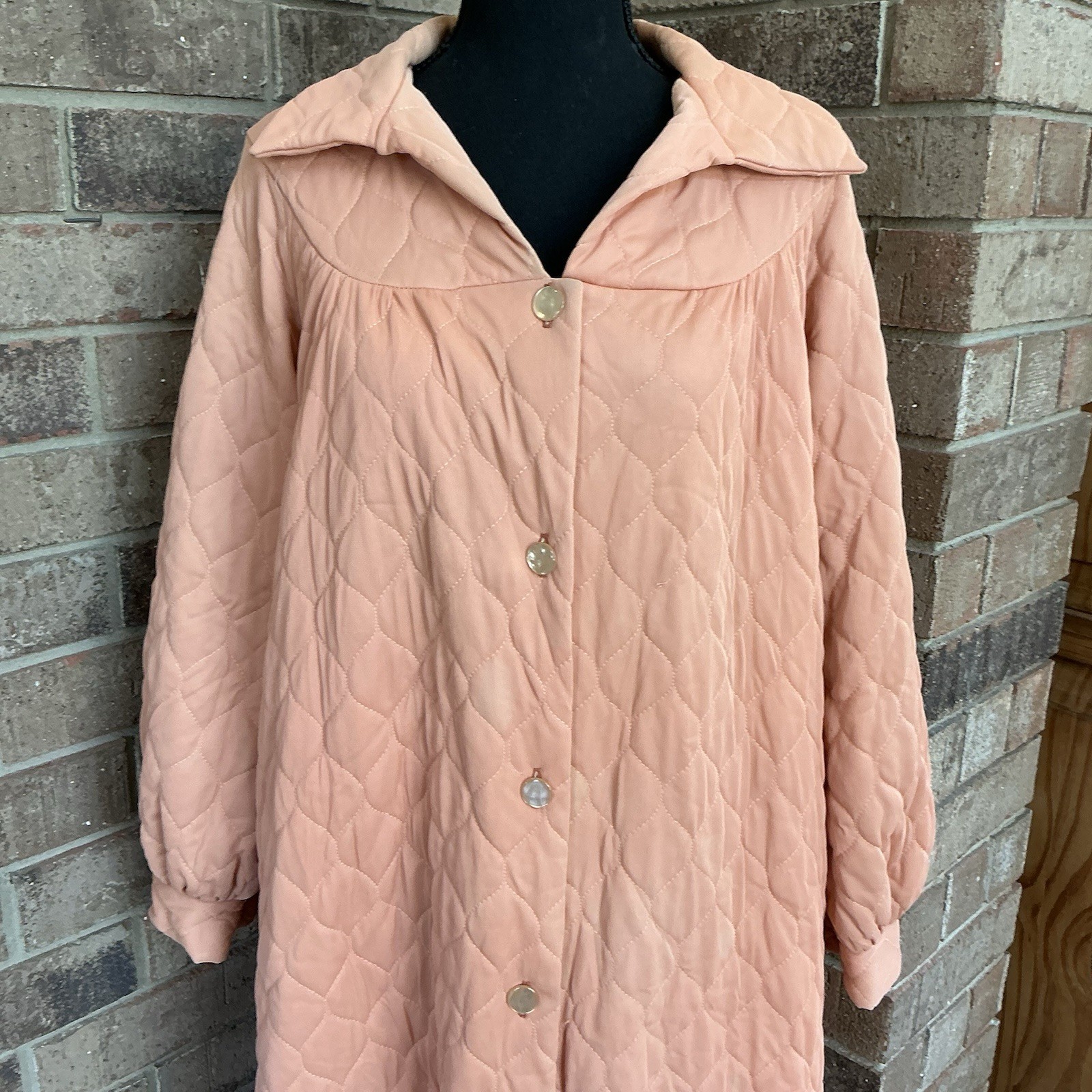 70s VTG Paulette Quilted Robe Housecoat Peach Long Button Front Size 18 #17C8