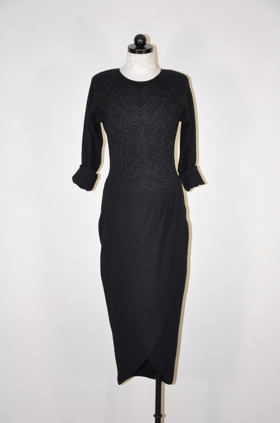 80s Vintage Black Wool Soutache Embroidery Long Sleeve Knit Pencil Dress Women S
