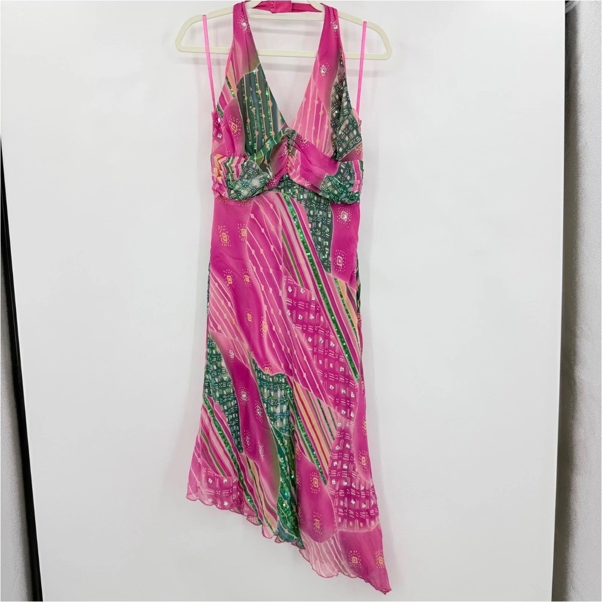 Michelle Antonelli Silk Halter Dress Womens 10 Pink Green Y2K Asymmetrical
