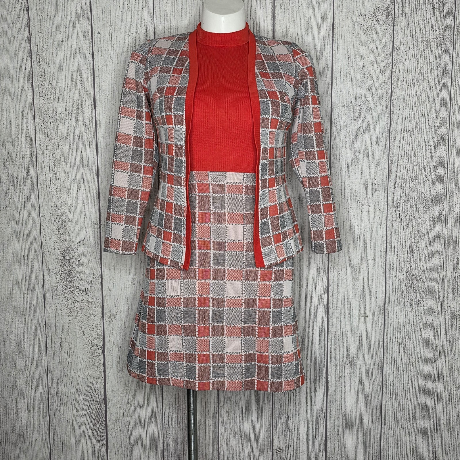 VTG 70s “It’s Better” Orange/Red Plaid Knit Dress & Blazer Set, sz Large