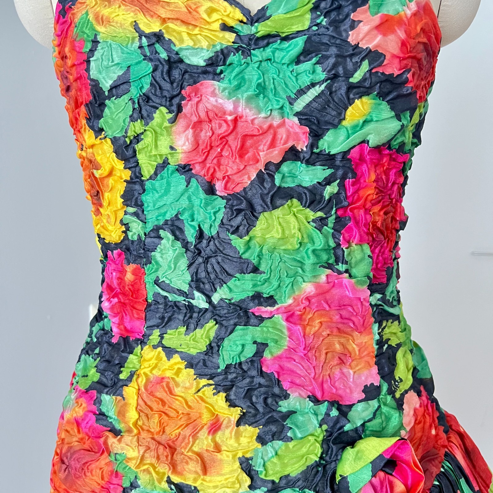 1980s Floral Taffeta Cocktail Party Dress Tiered Spaghetti Straps Prom Evening