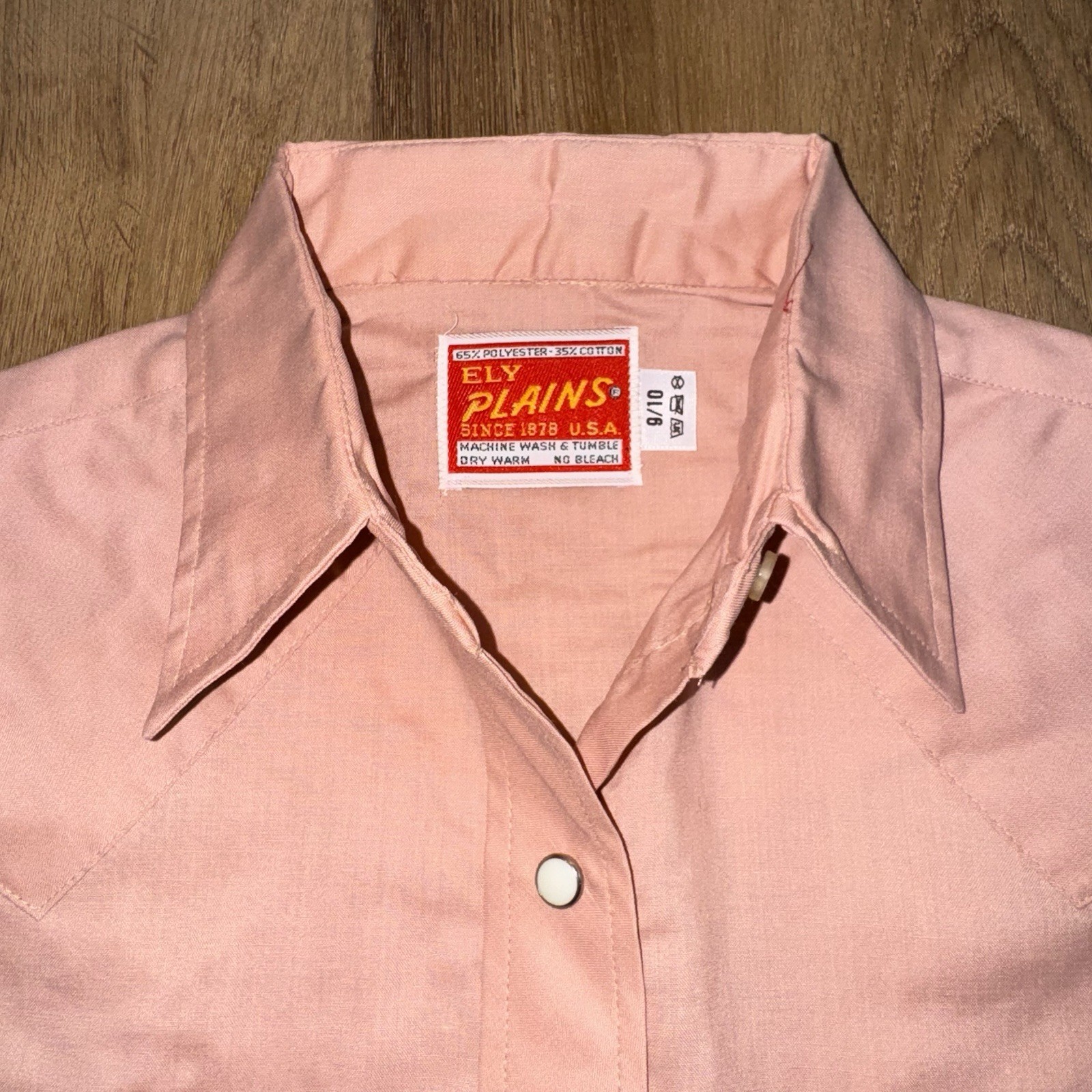 Vtg Womens Ely Plains Pearl Snap Shirt Western Yoke Solid Pink 9 10 NOS 70s