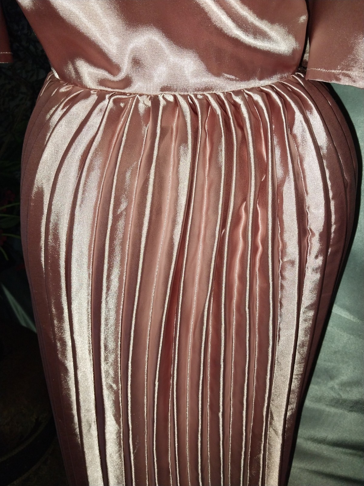 VTG SATIN LIQUID SHINY PINK CRYSTAL PLEAT MIDI GLAM DRESS L/XL PLUNGE HOLLYWOOD