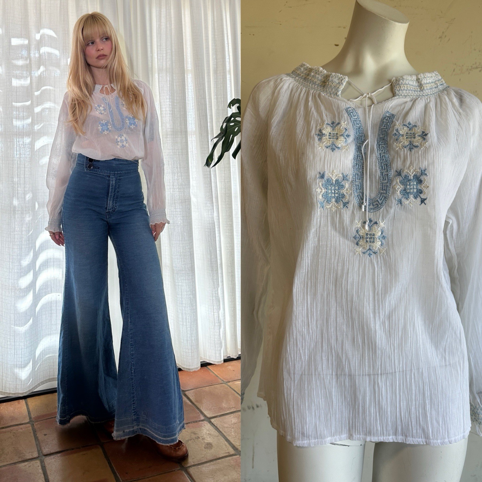 Vintage 70s Embroidered Peasant Blouse 1970s Boho
