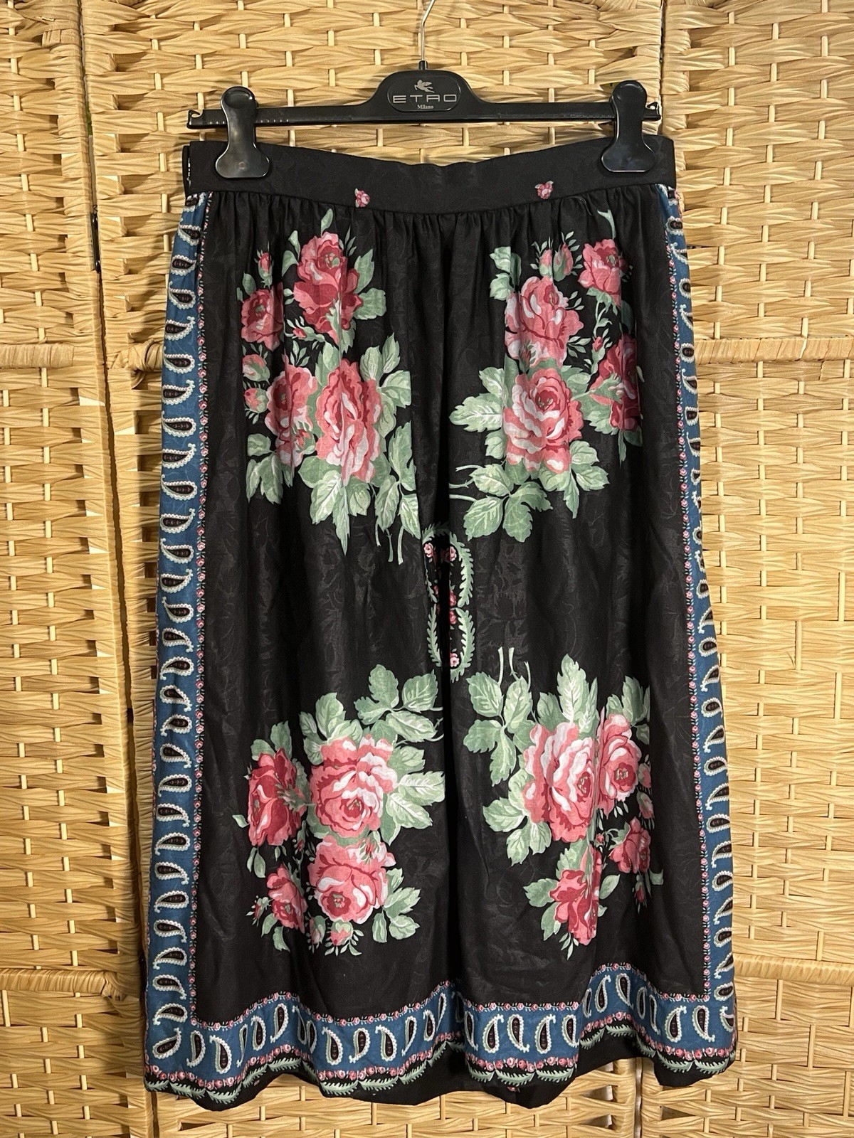 VTG Black Pink Rose Floral Paisley Print European Folk Cottage Core Boho Skirt M