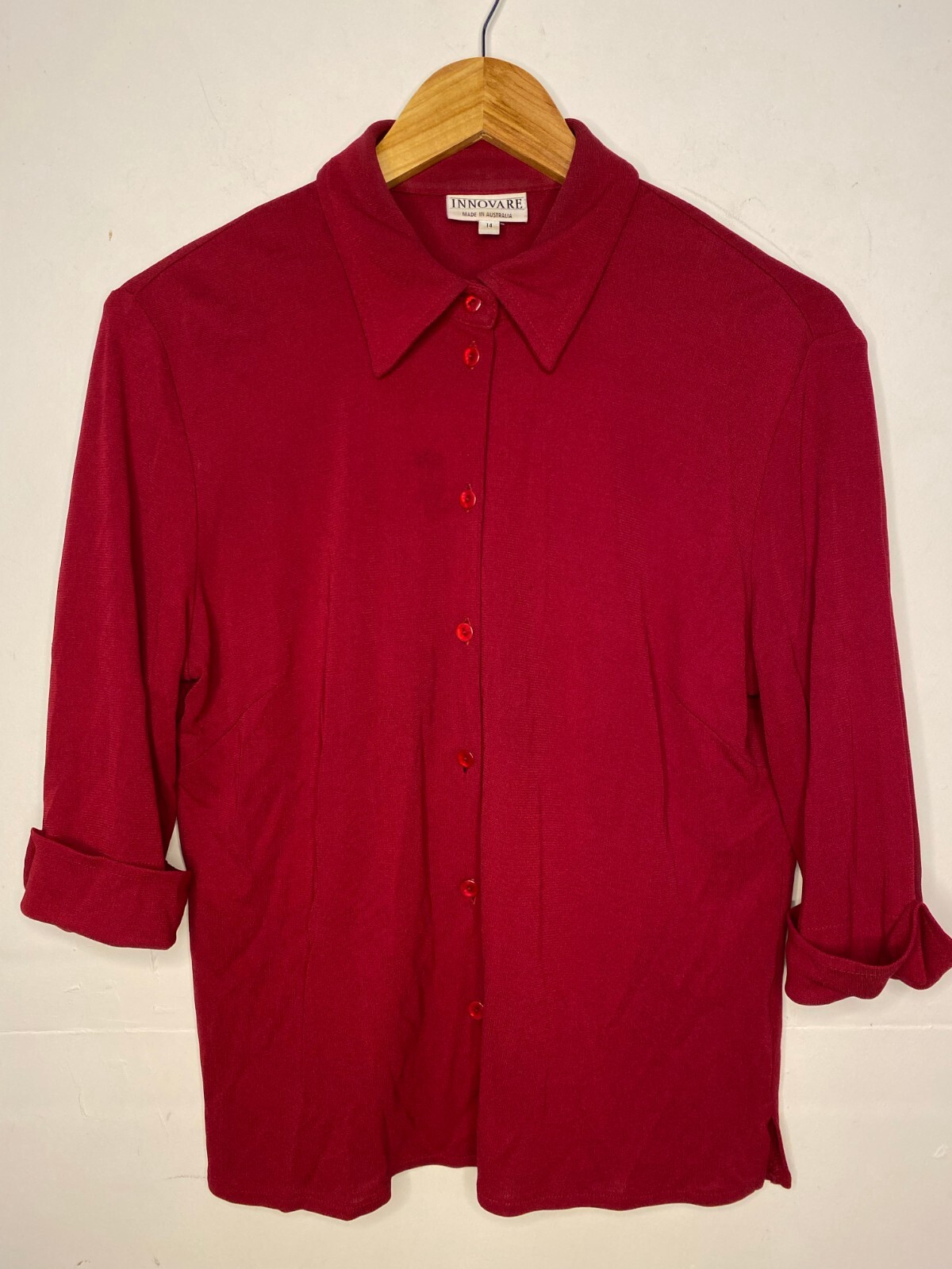 Vintage 1990s INNOVARE Burgundy Viscose Polyester 3/4 sleeve Shirt Blouse Sz M