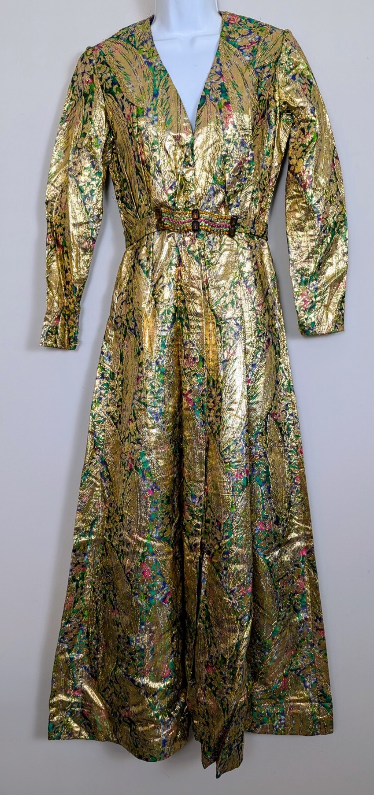 Vintage 1960s Roger Milot for Fred Perlberg Gold Lame Jumpsuit Jeweled Belt Sz 8