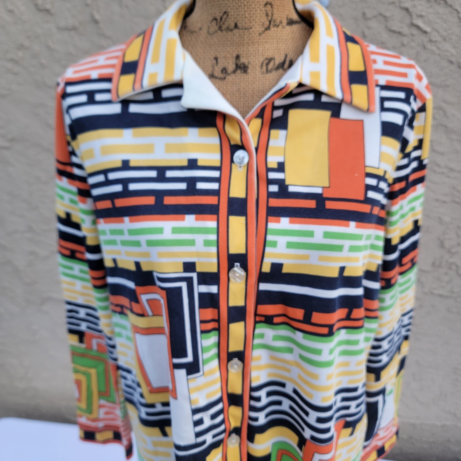 Vintage Polyester Top, Bright Geometric Rectangle Print, Green Orange Brown