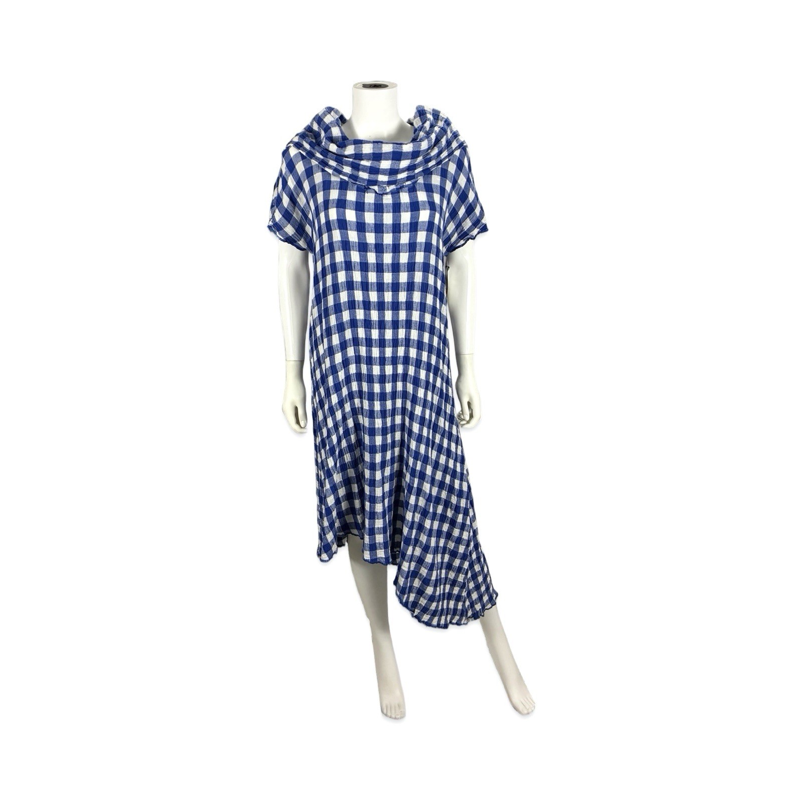 Dunes Women’s VTG Blue Gingham Plaid Gauze Dress Lagenlook Asymmetric Boho M
