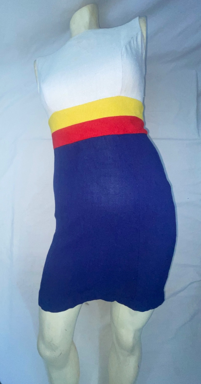 VTG 60S 70S WOMENS S BLUE WHITE RED YELLOW STRIPE DISCO MOD DRESS JACKET SET