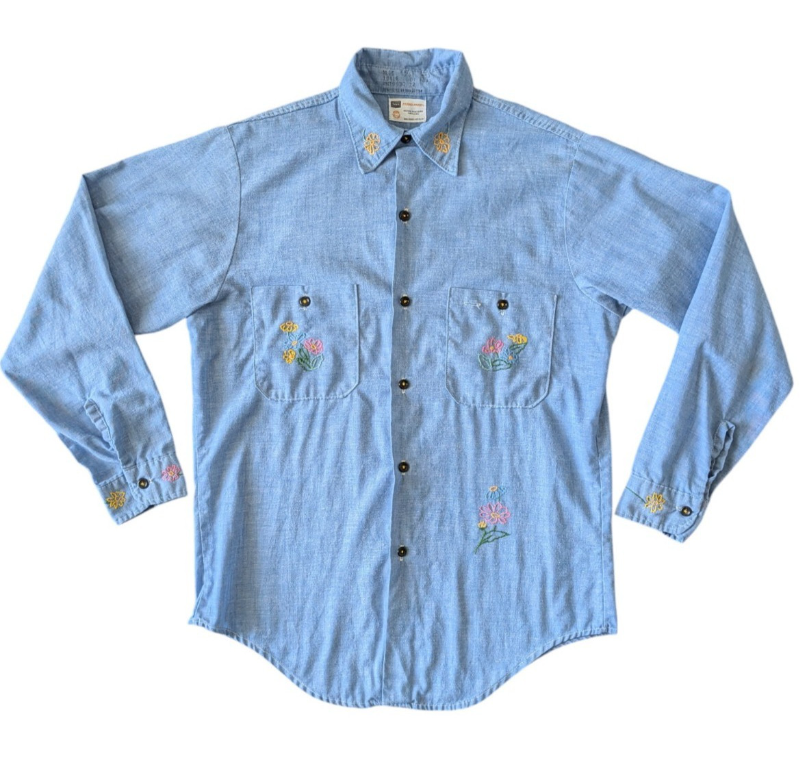 Vintage 70s Sears Perma Prest Blue Hand Embroidered Button Down Shirt Floral