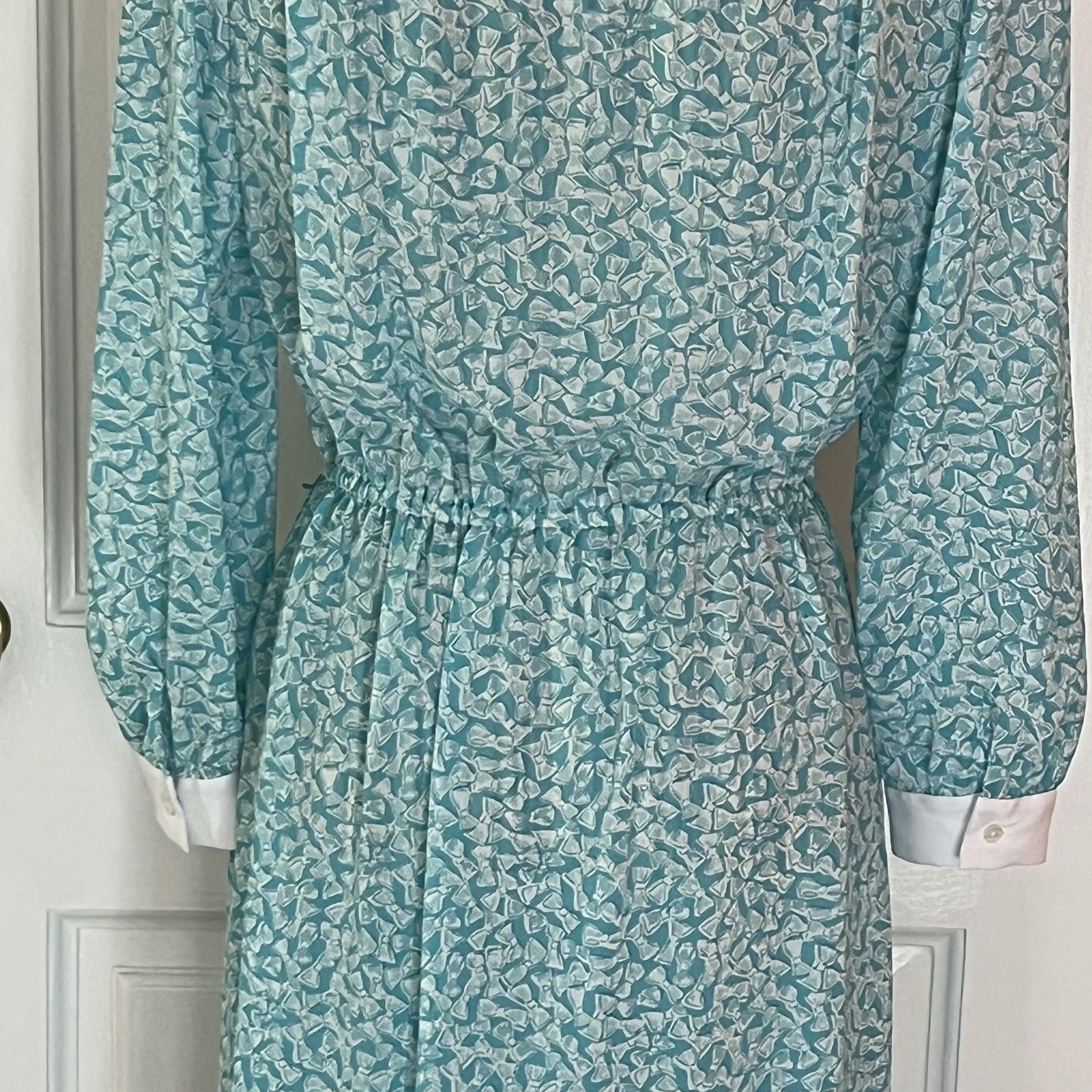 Vintage 80s Samantha Steven’s Petites Teal Bow Print Dress D151 Size 14