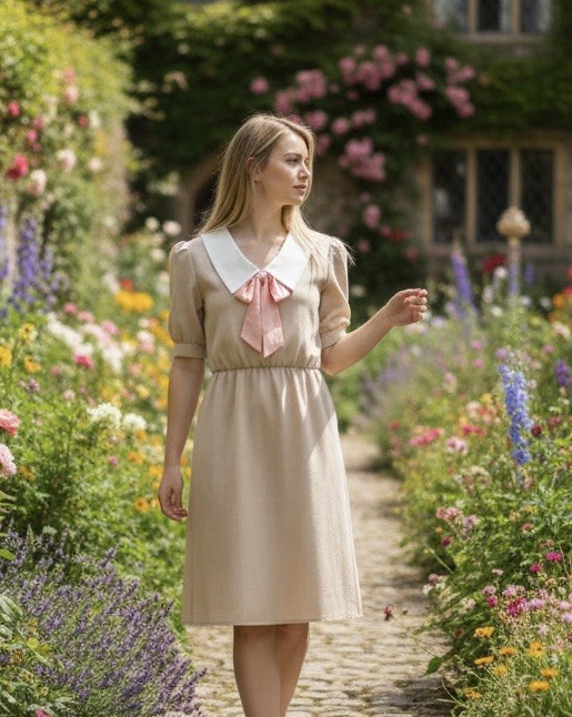 Vintage Avon Fashions Oatmeal Beige Midi Dress White Sailor Collar & Peach Bow