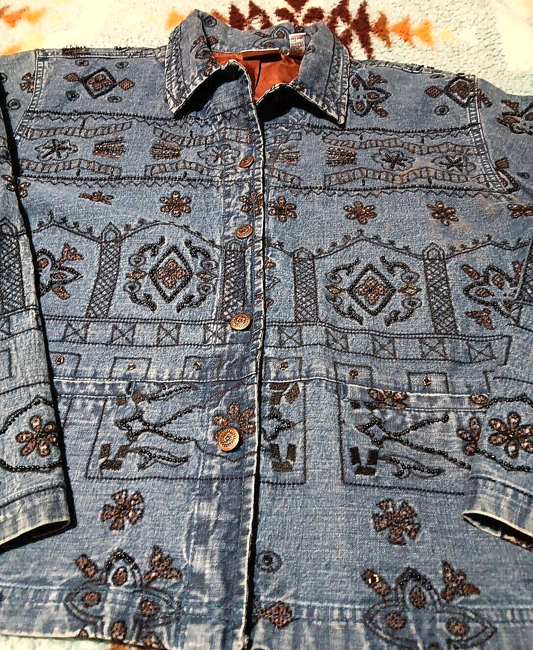 Vtg Chico’s Design BOHO Denim Beaded Jacket SILK Lined Hand-beaded Sz LG