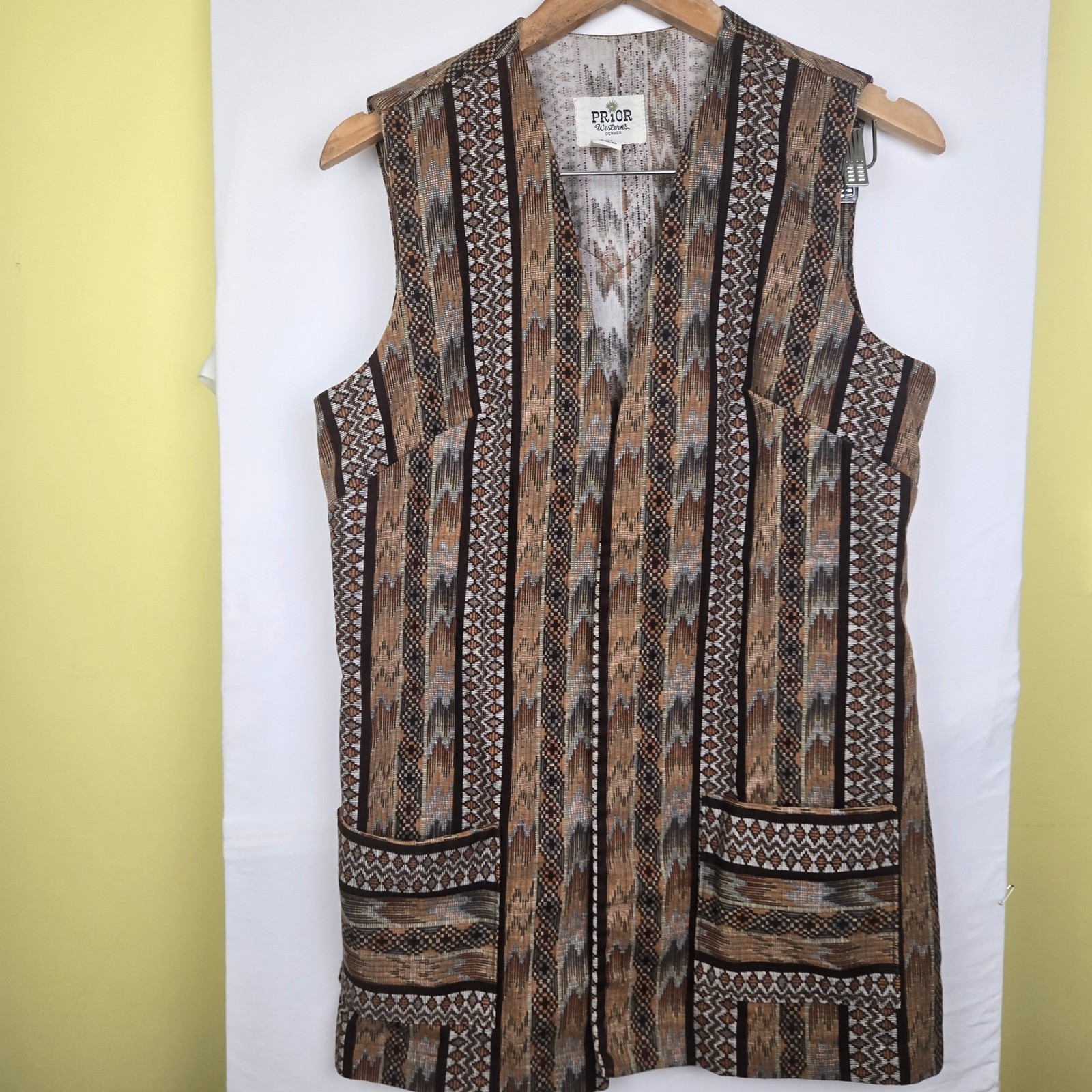 Vintage Prior Westerns Denver Southwestern Geometric Woven Longline Vest Brown