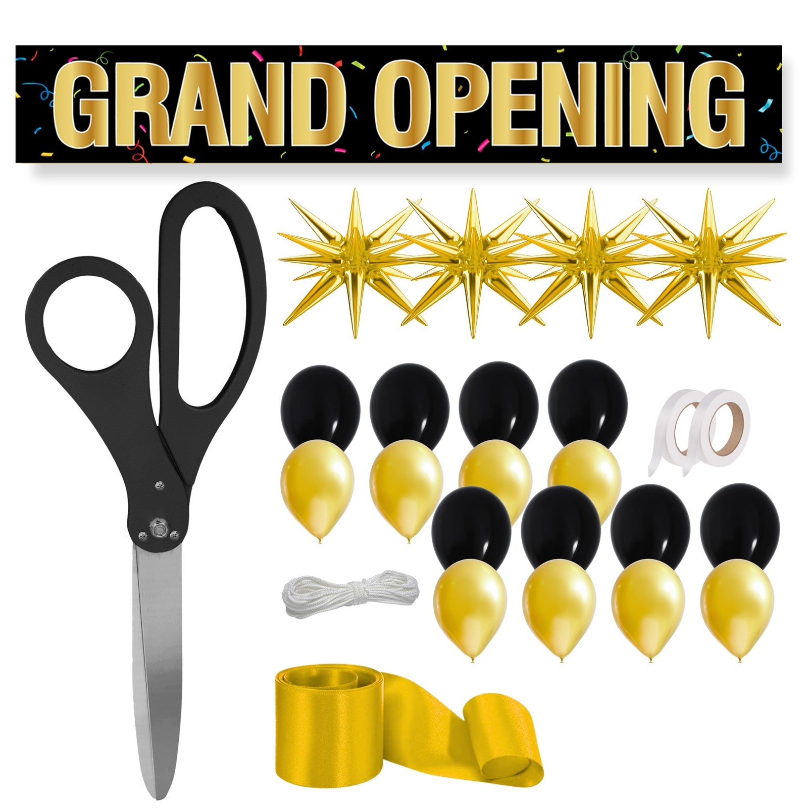 25″ Black Grand Opening Ribbon Cutting Kit: Scissors, Banner, Gold Balloons