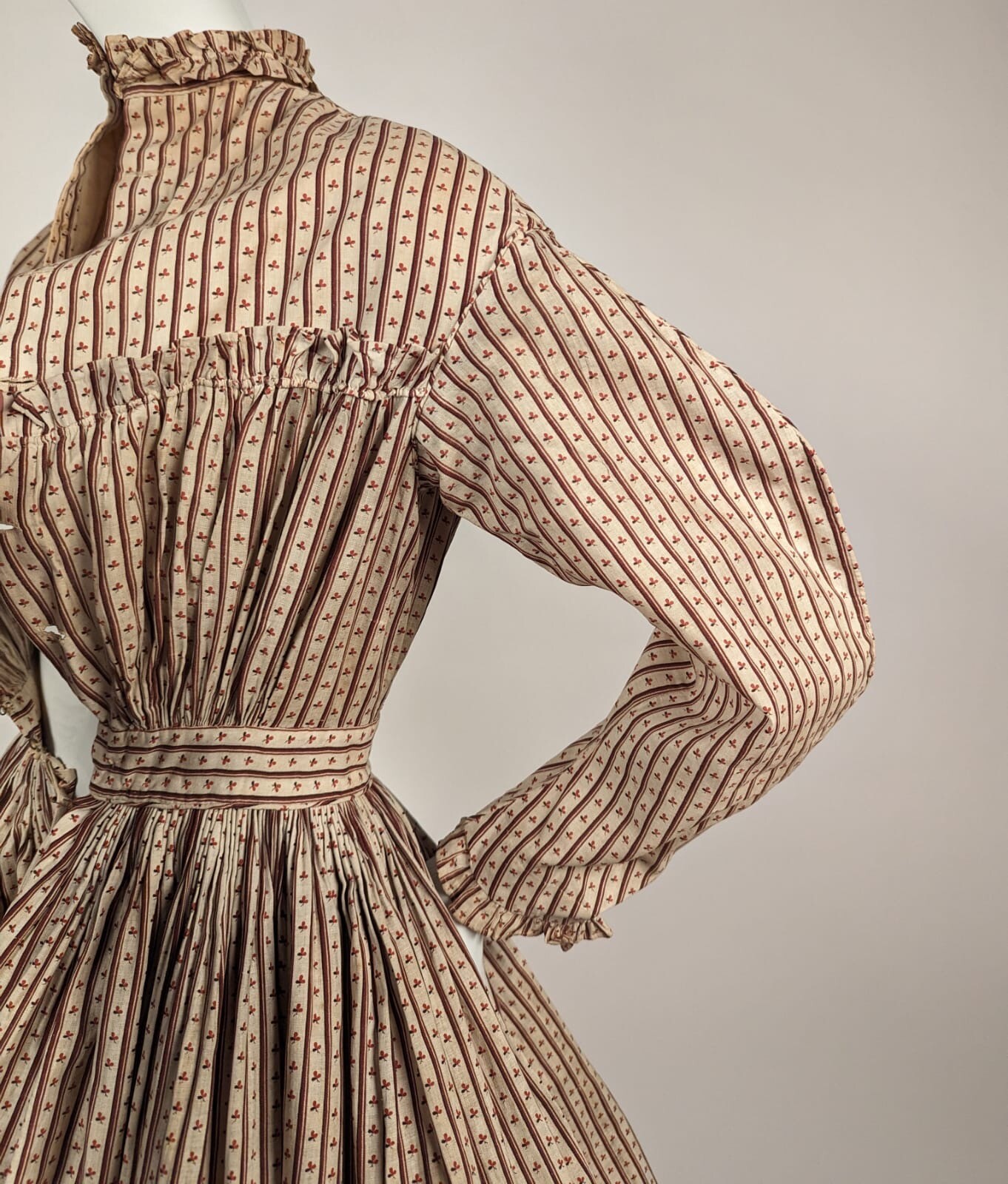 CIVIL WAR ERA 1860’S GIRL’S STRIPED CALICO COTTON DRESS W RUFFLES