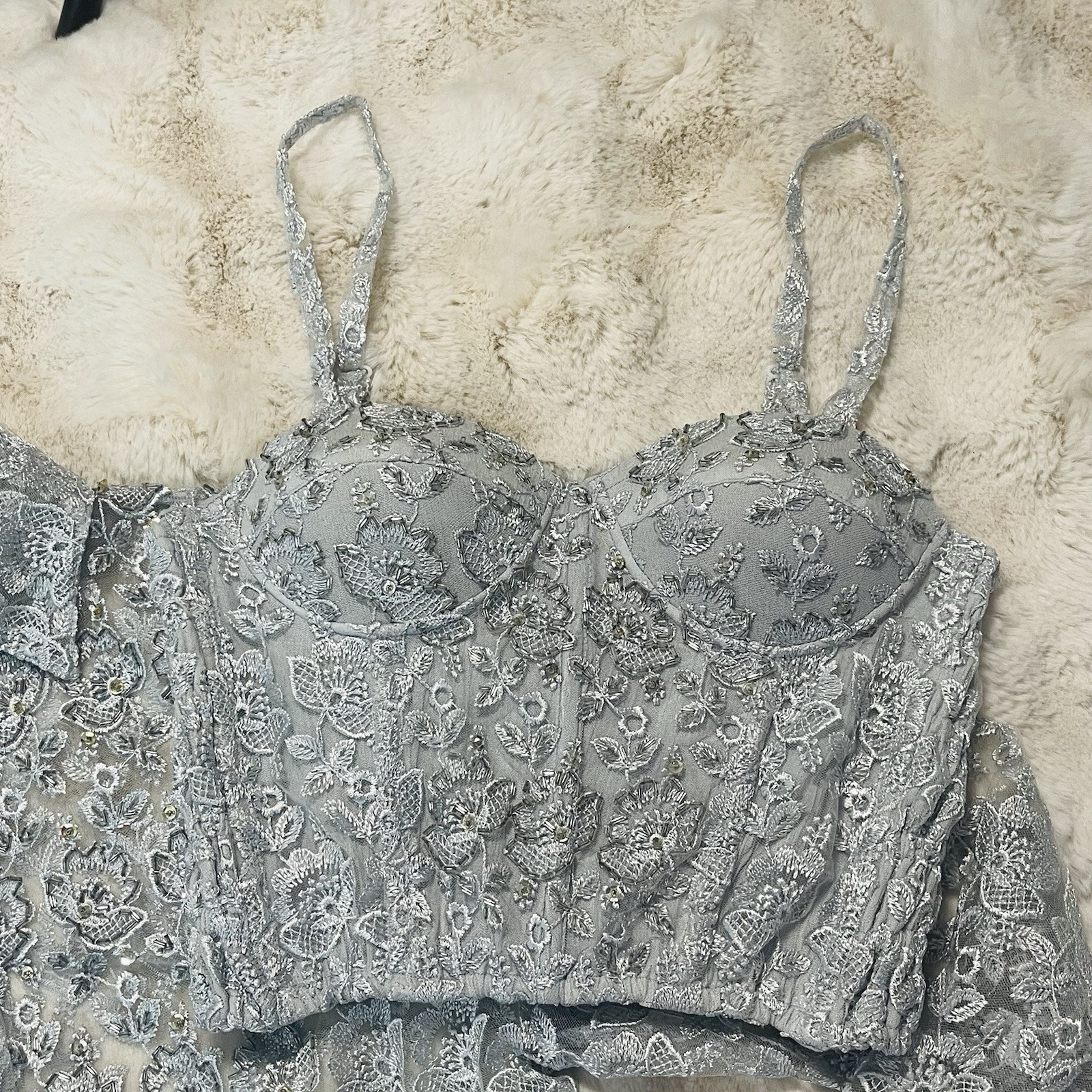 The Icing Vintage 90’s Silver Floral Lace Beaded Bustier Blouse Chic 2 Pc Set