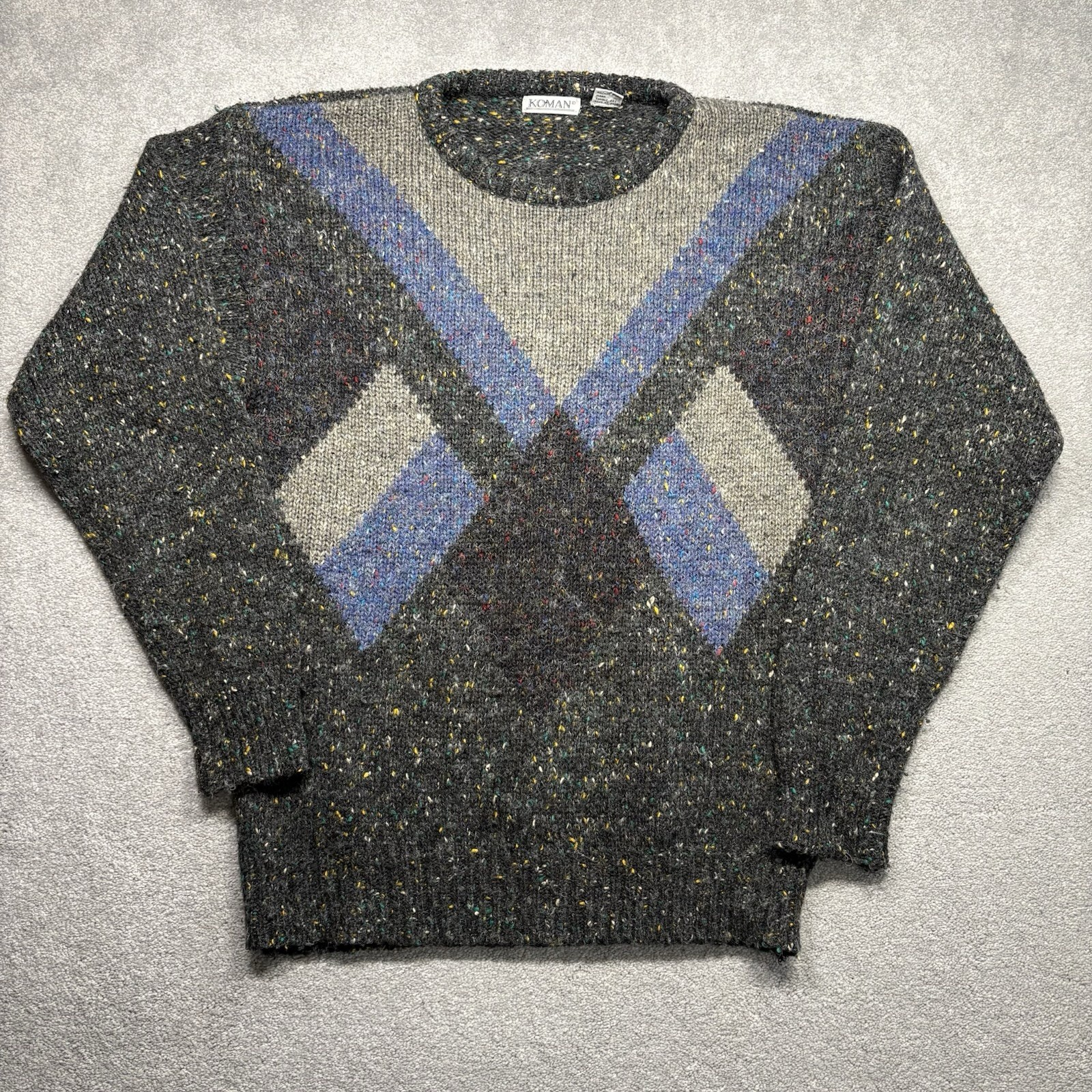 1980s Koman Knit Sweater Wool Blend Confetti Gray Geometric Size Large Vintage