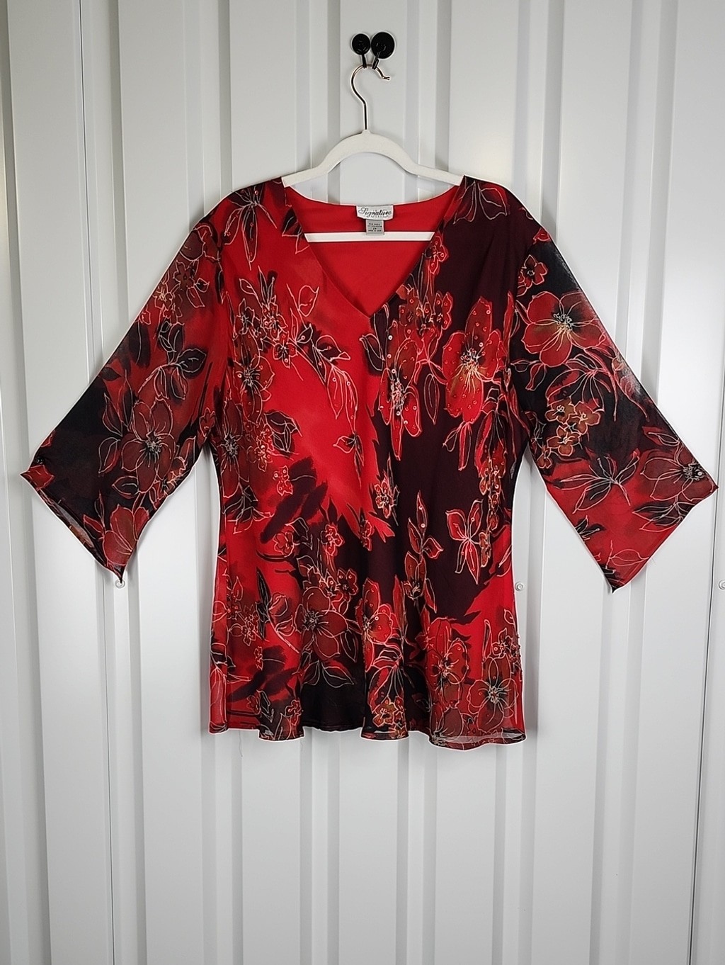 JMB Signature Vintage Women’s Red & Black Floral V-Neck Blouse Size 2X Sequins