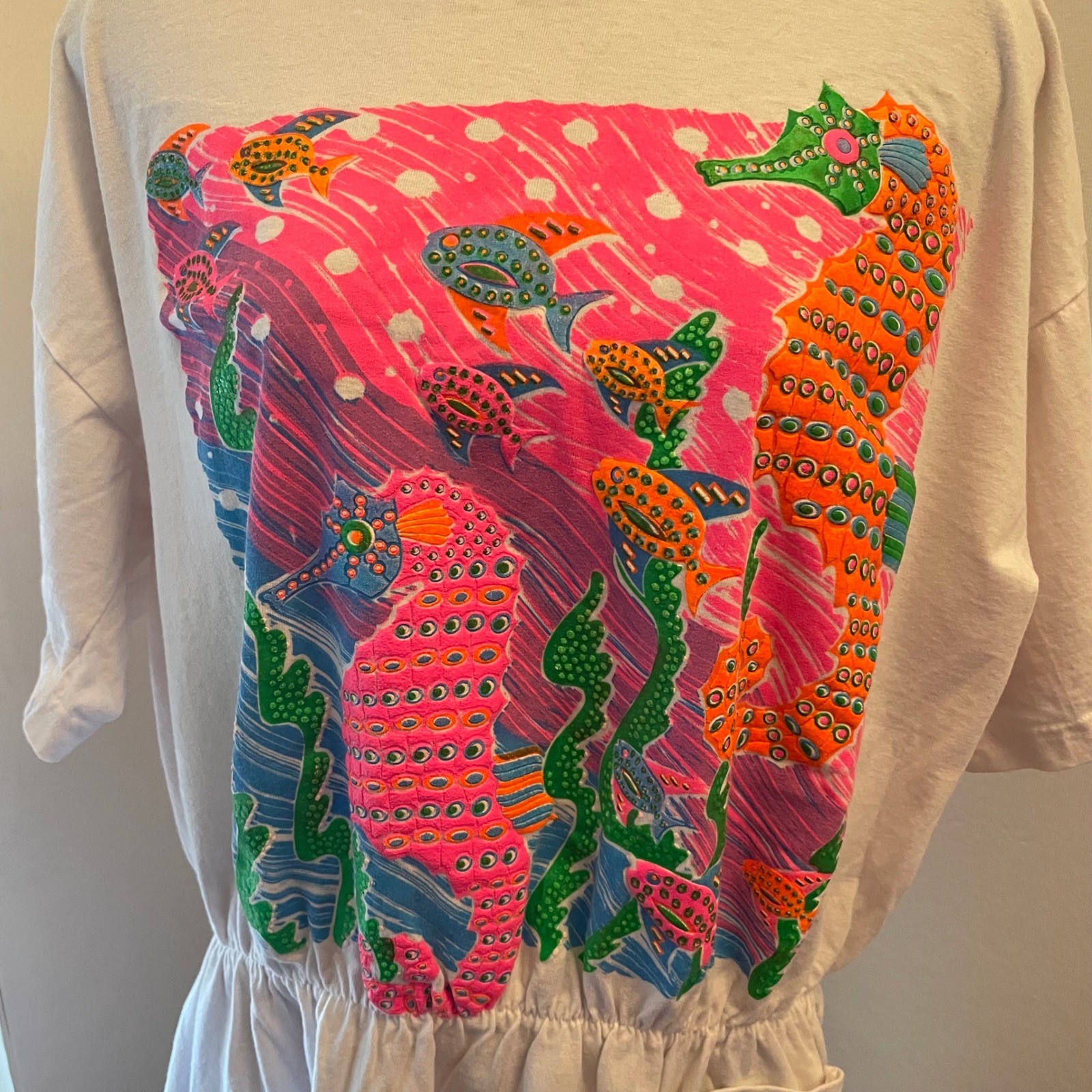 Vintage Look & Sea Seahorse Puff Print T-Shirt Dress Cover up Neon 80s OS USA