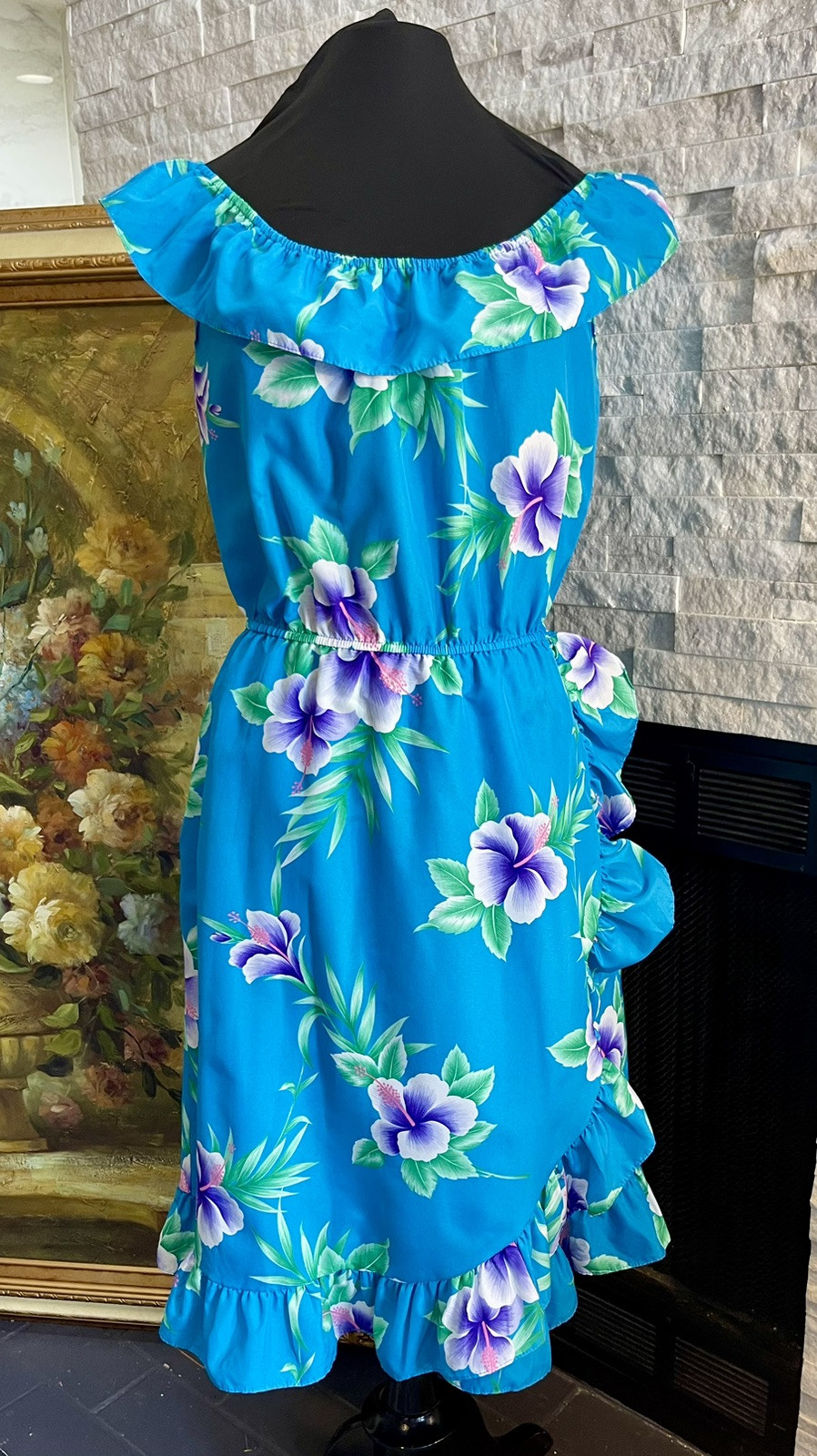 vintage royal hawaiian dress Blue Floral Ruffle Sleeve