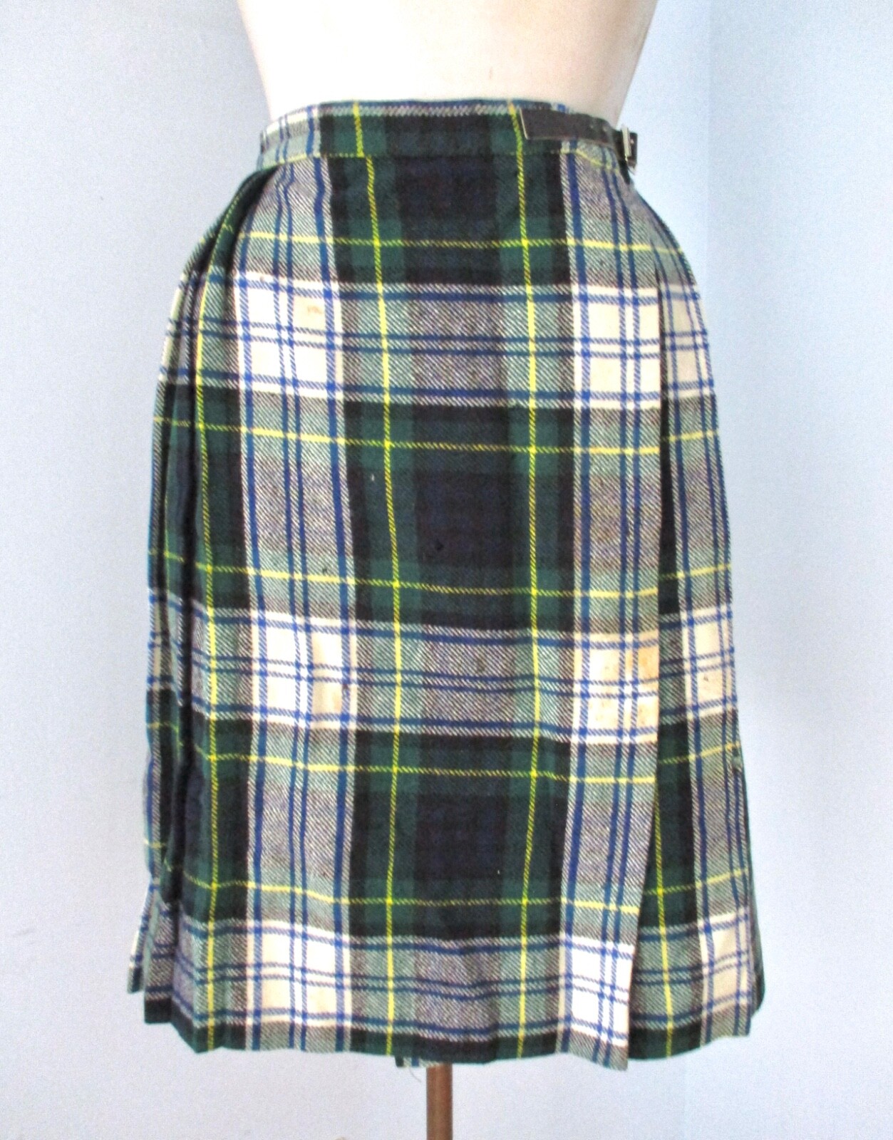Vtg 60s Edyth May tartan plaid wool kilt skirt adjustable waist belt Ireland S