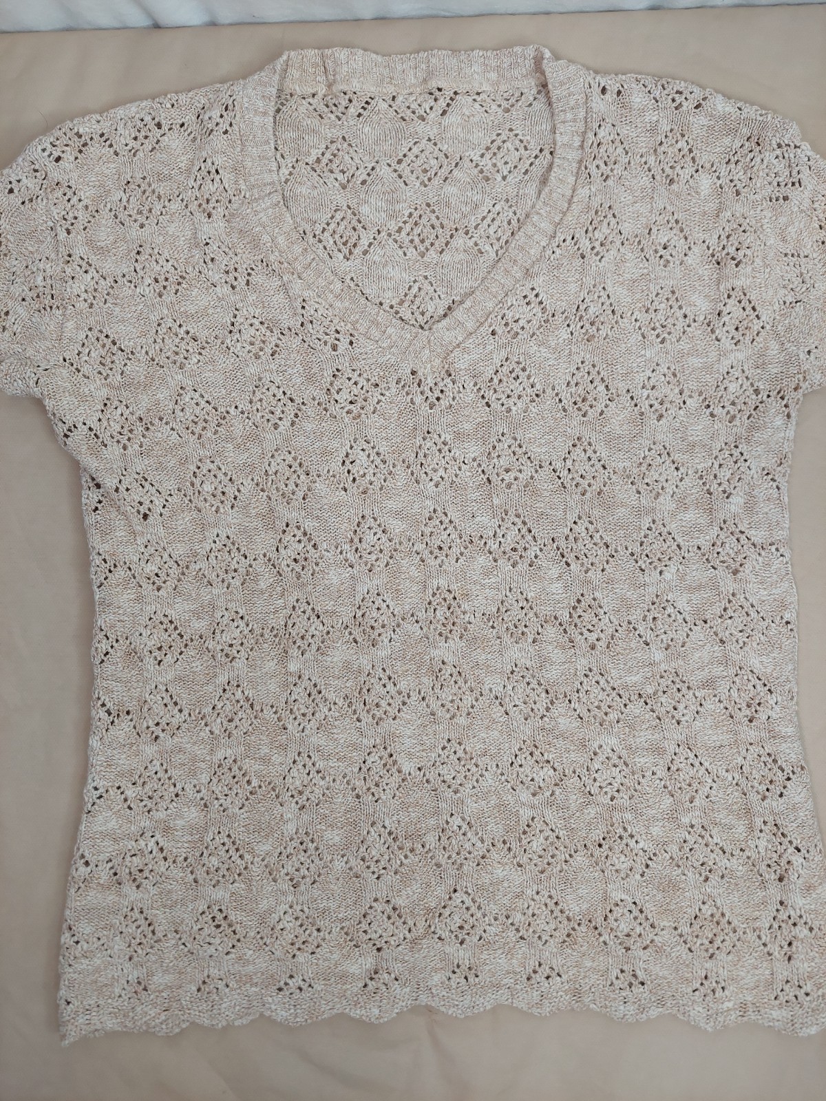Vintage Y2K Cream Lace Knit Top Scalloped Hem Boho Cottagecore Short Sleeve…
