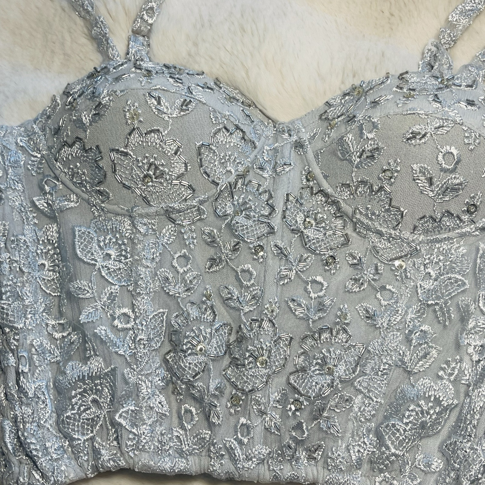 The Icing Vintage 90’s Silver Floral Lace Beaded Bustier Blouse Chic 2 Pc Set