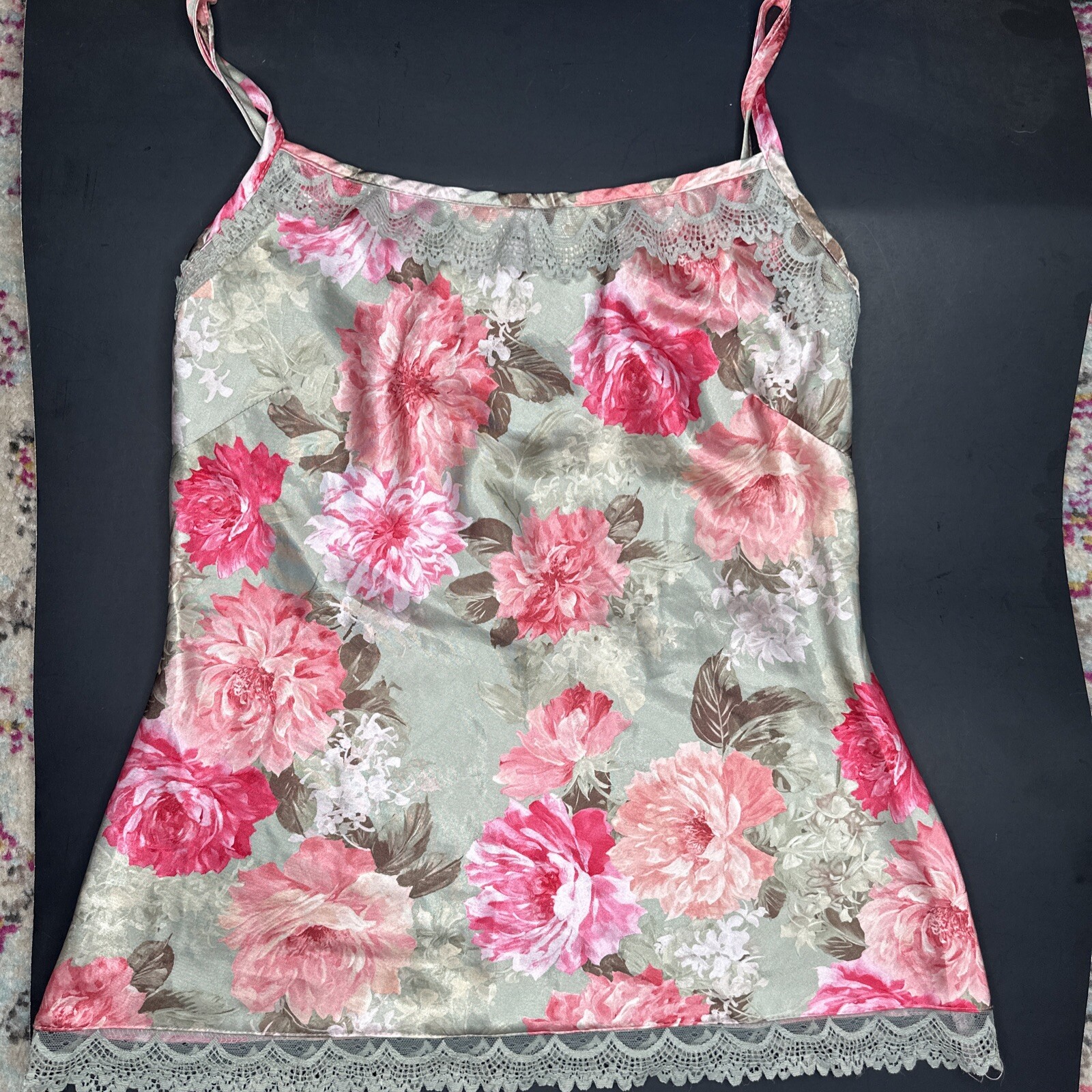 Vtg Wrapper Floral Camisole Poly Satiny Medium USA Pink Roses Peonies Tank Top