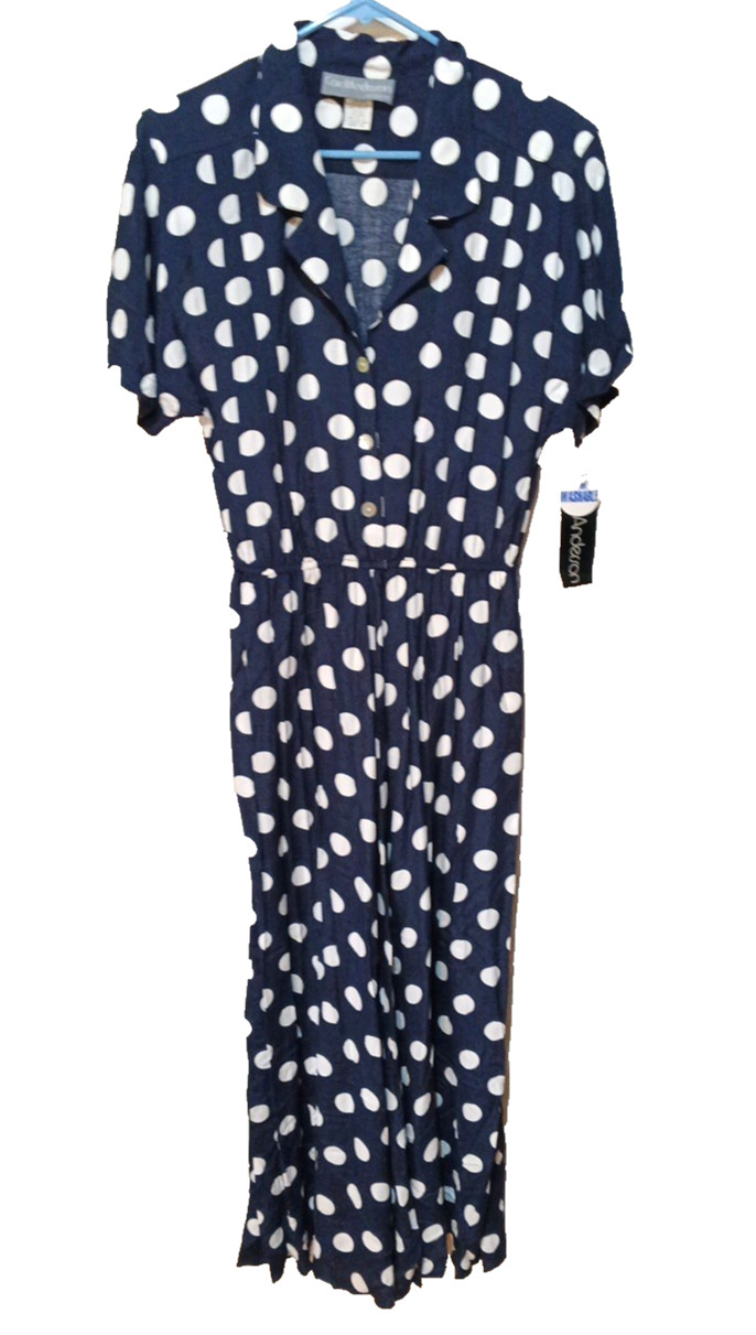 New 14 fit 10 vintage 80s NAVY BLUE white polka dot Midi SHIRT DRESS pockets NWT