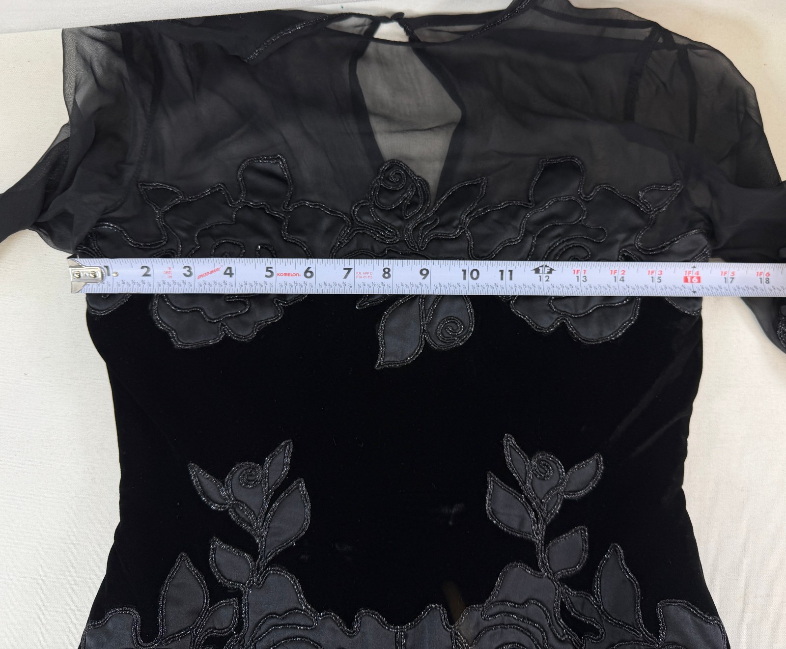Vintage FONTANA COUTURE Fit & Flare Dress 42 Black Sheer Velvet Satin Floral S