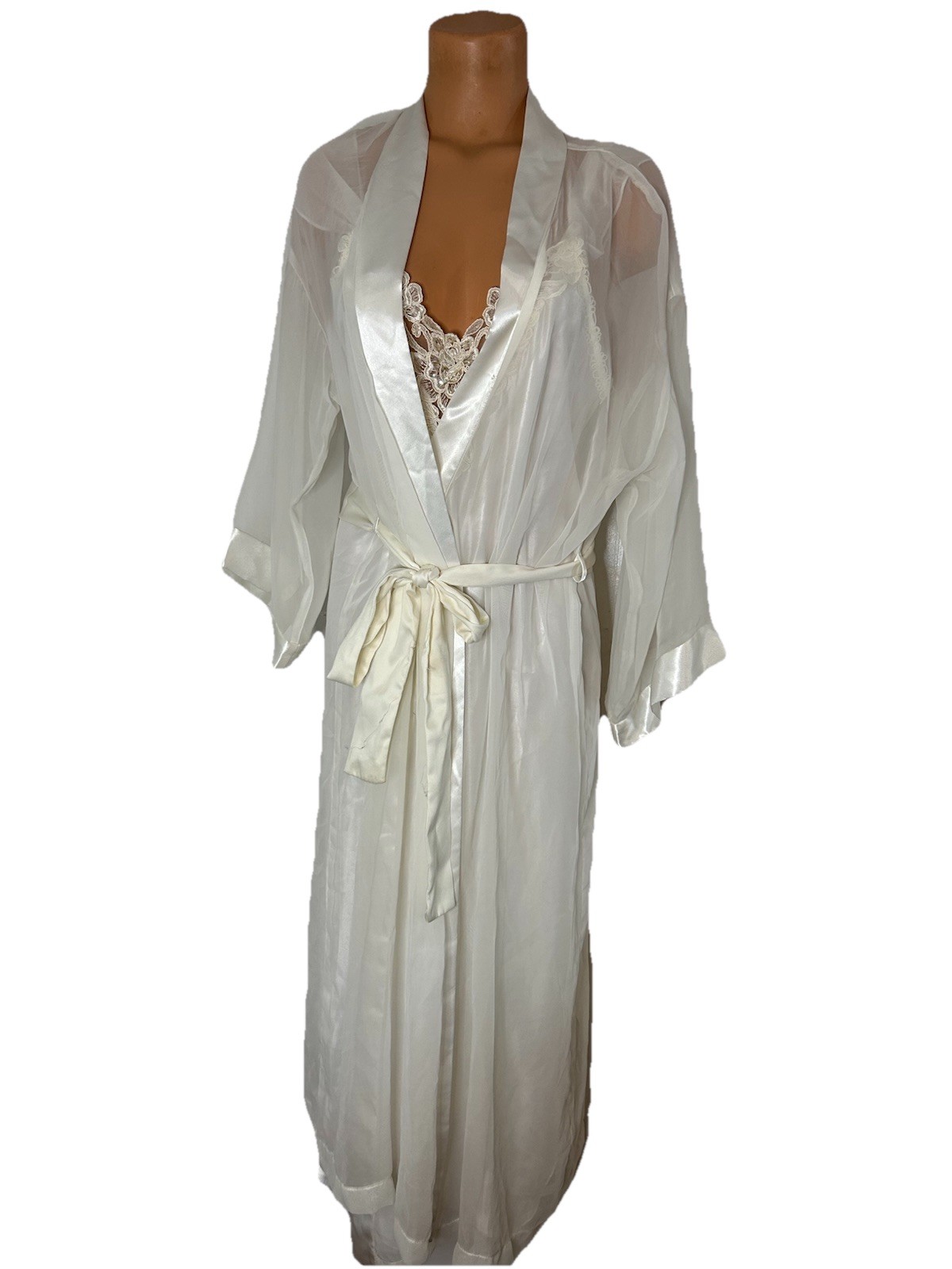Vtg 90s 2 pc Dentelle White Satin Chiffon Lace Pearls Bridal Nightgown Sz L