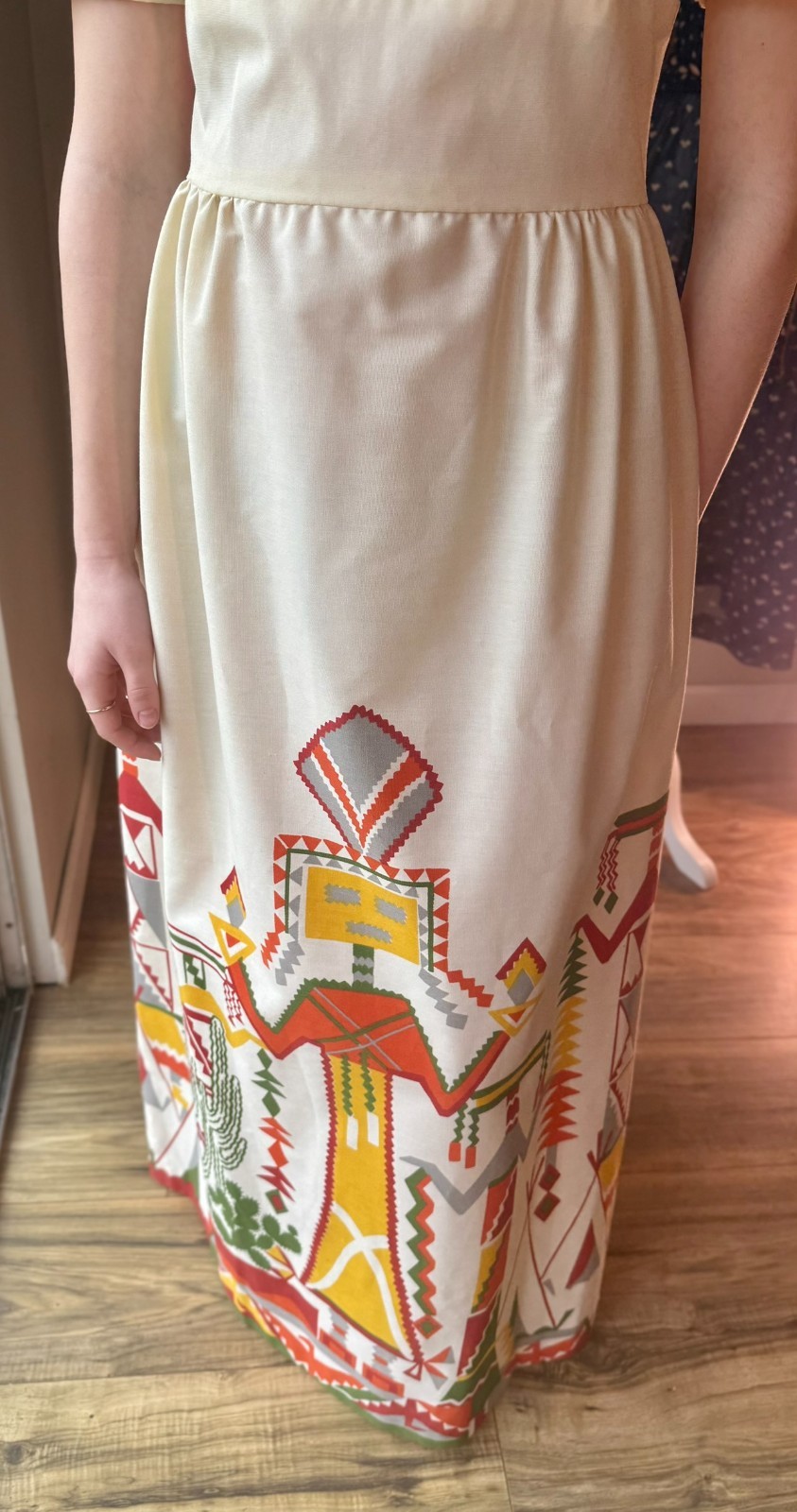 Vtg 1960s 70s Maxi DRESS Kachina Doll CACTUS Print Native FOLK ART Skirt XS/S