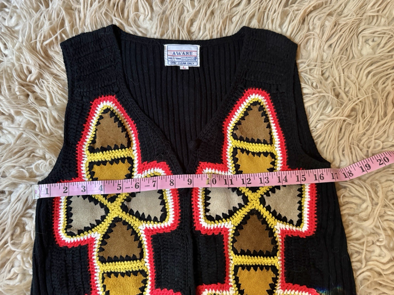 Vtg Aware Taiwan Acrylic Leather Crochet Sweater Vest Top 70s Rare Boho S M L