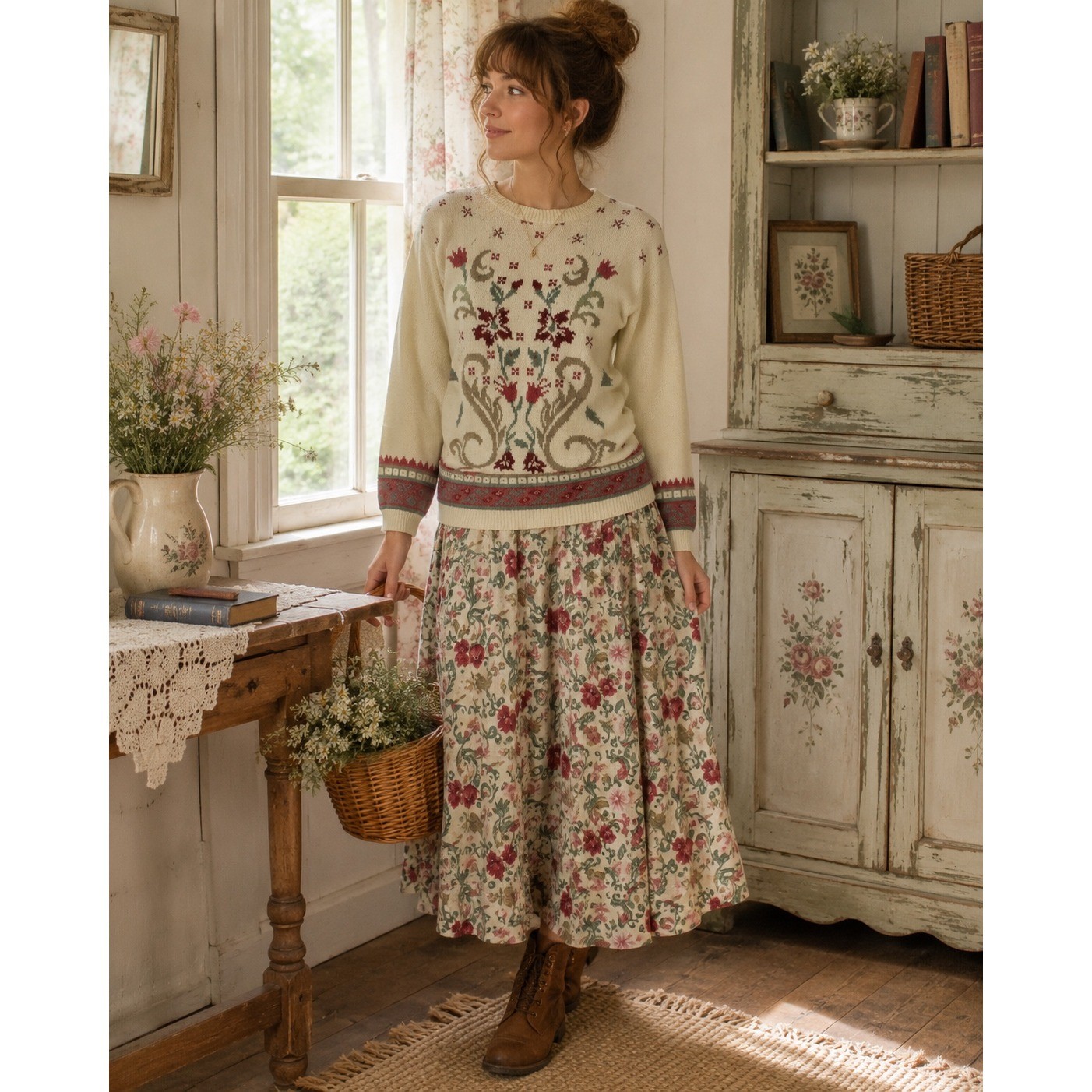 Cottagecore Sweater Skirt Set Womens M Cream Floral Intarsia Knit Prairie 90s