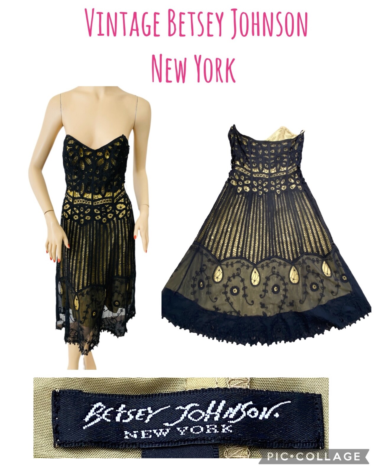 Vintage BETSEY JOHNSON NEW YORK Black Whimsigoth Boho Chic Dress Sz. 2 Y2K