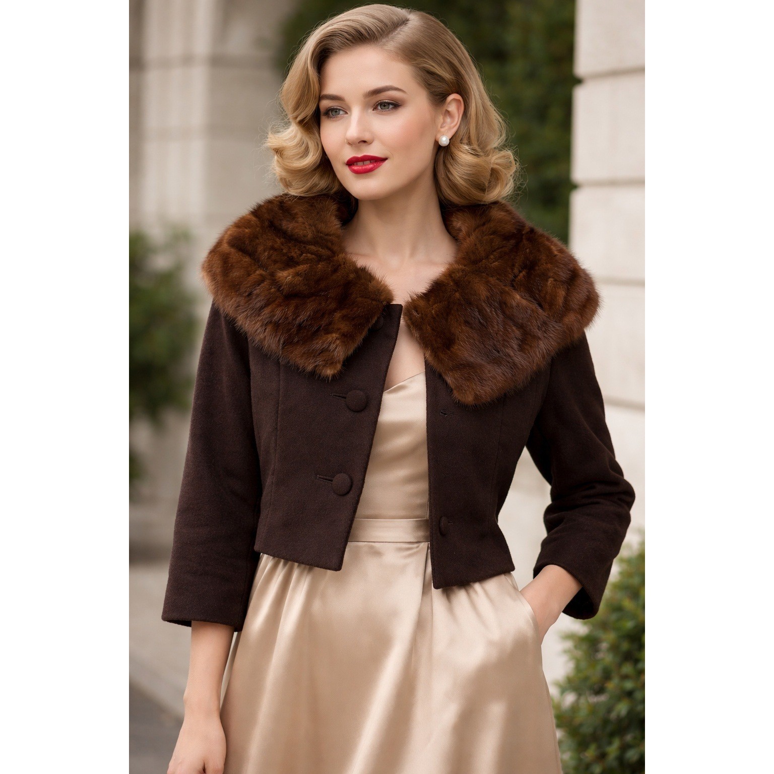 Vintage Ruth McCulloch Brown Wool Cropped Cocktail Jacket Real Mink Fur Collar