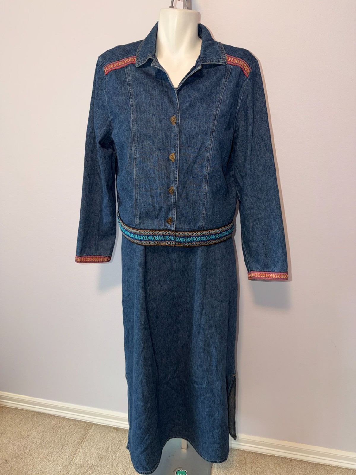 Vintage 90s Denim Dress Jacket Set 12 Blue Jean Maxi Sundress Southwestern Boho