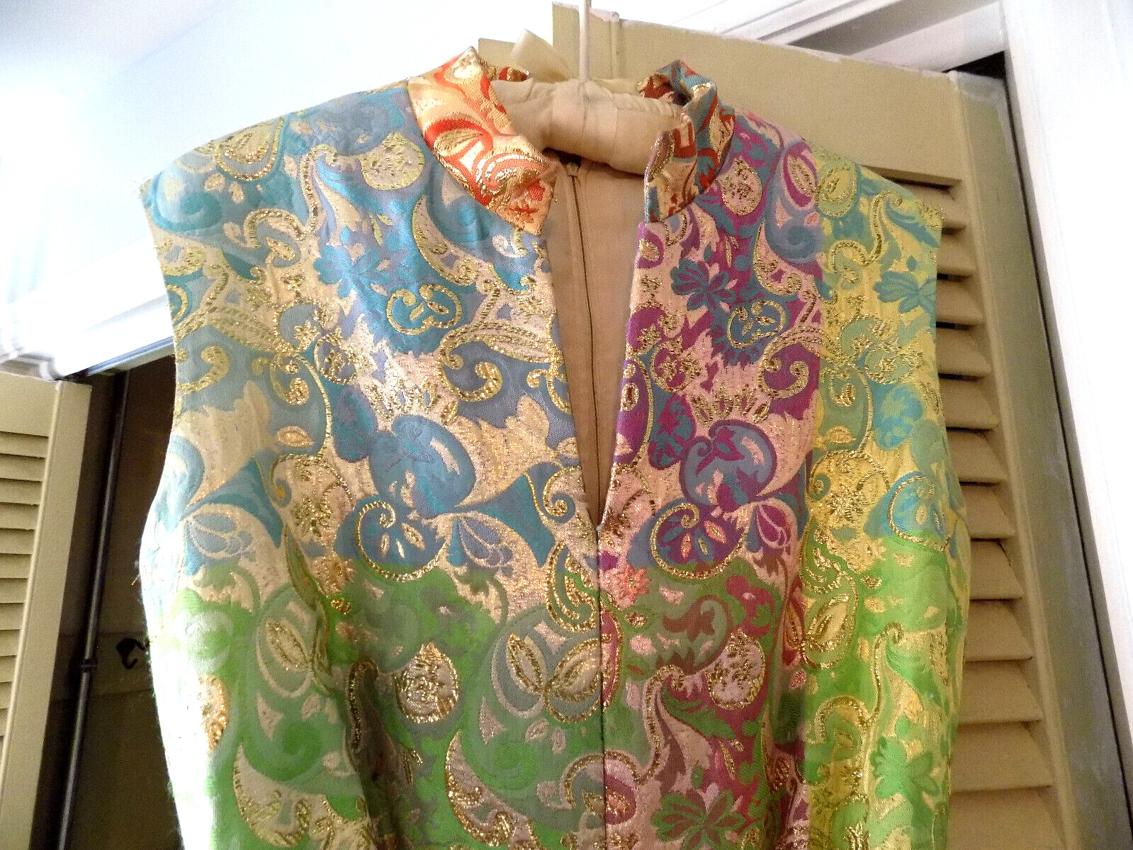 Vtg FAB 60s Joseph Magnin Metallic Tapestry Gold Pink Green Disco Maxi Jumpsuit