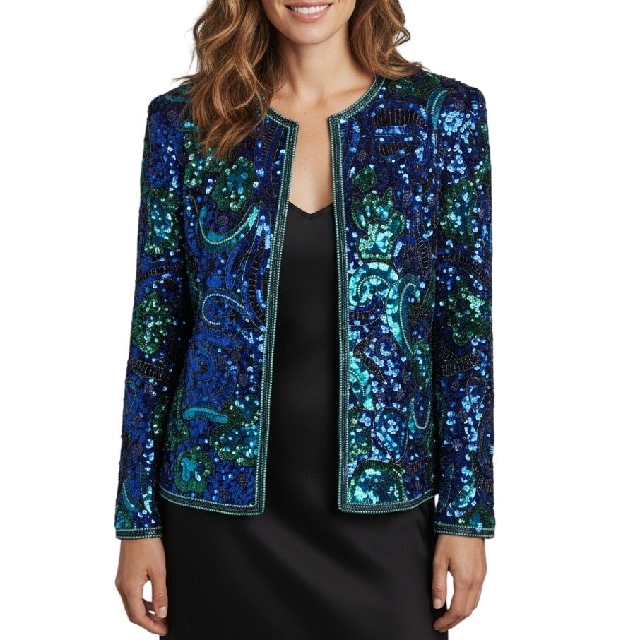 VTG Laurence Kazar Silk Sequin Beaded Jacket XL Blue Green Paisley Evening Glam