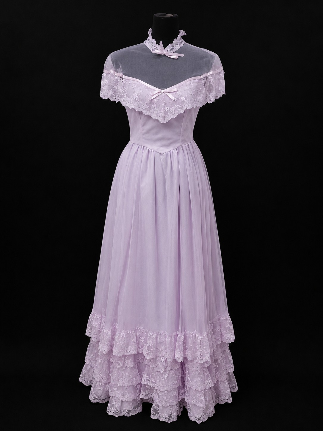 Vintage 1970s JCPenney Lavender Lace Prairie Victorian Maxi Dress Gown