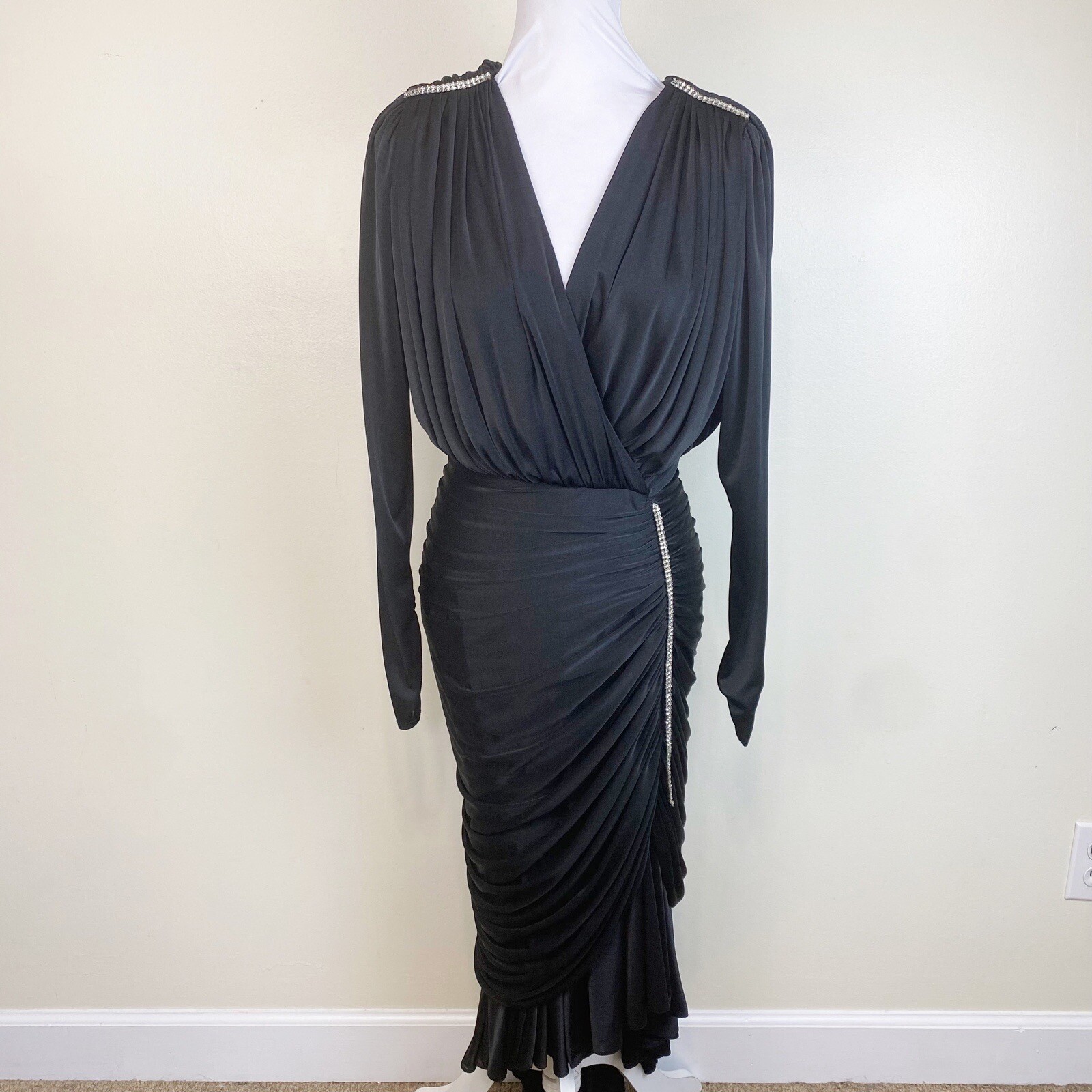 Vintage 80s Black Rhinestone Embellished Disco Cocktail Dress Size Small