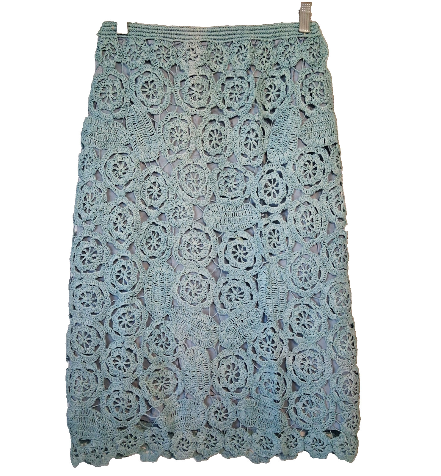VTG 70s Handmade Crochet Floral Skirt Small 27w Blue 3D Open Knit Hippie Granny