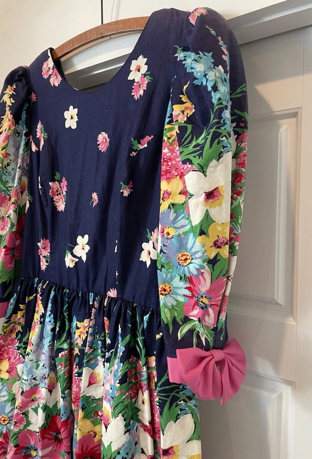 Vintage 80s/90s Go Vicki! Floral Dress Puff Pads Pink Bows Cottage Vibrant!