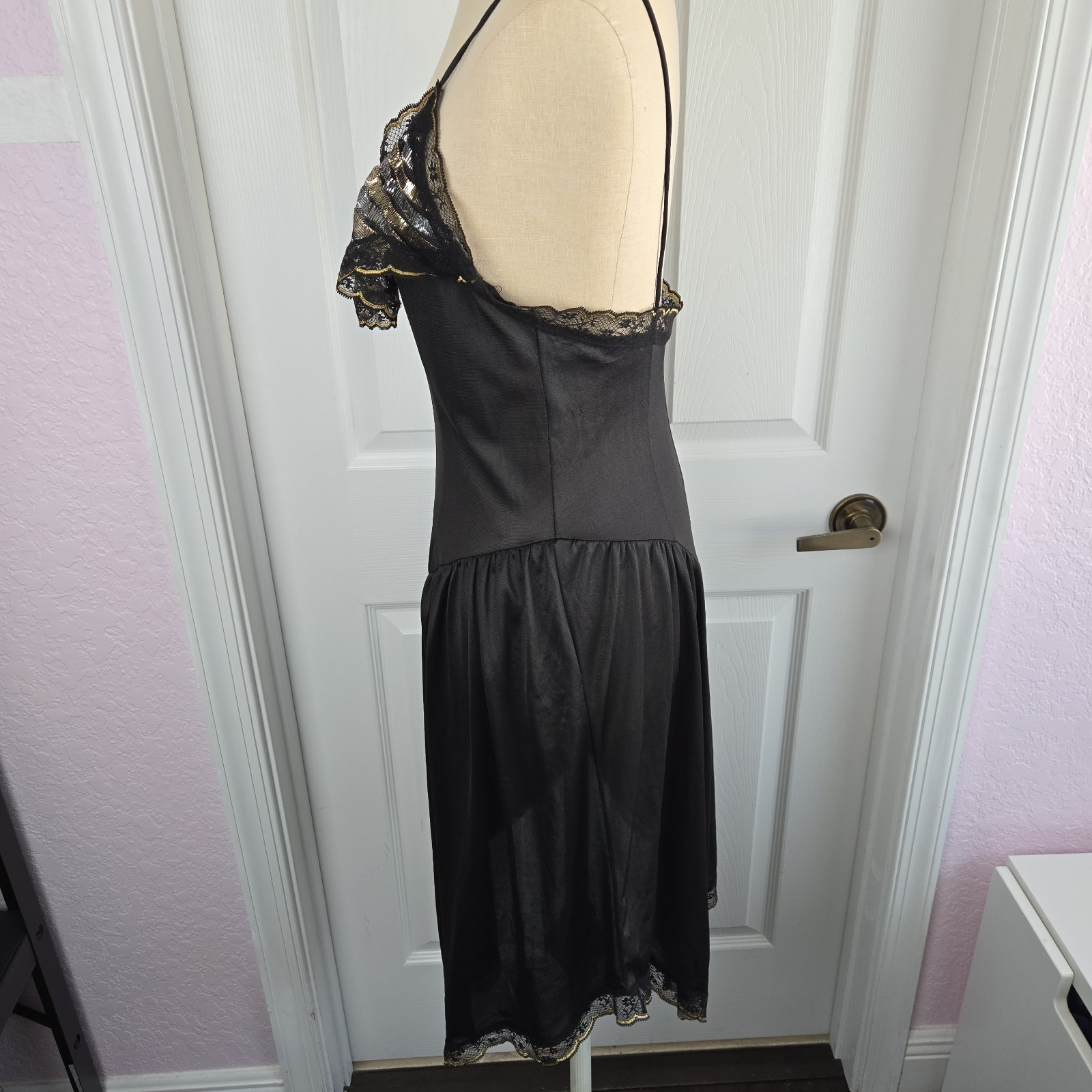 Private Matters Black Vtg 70s Lingerie Nightgown Slip Dress Size M Metalic
