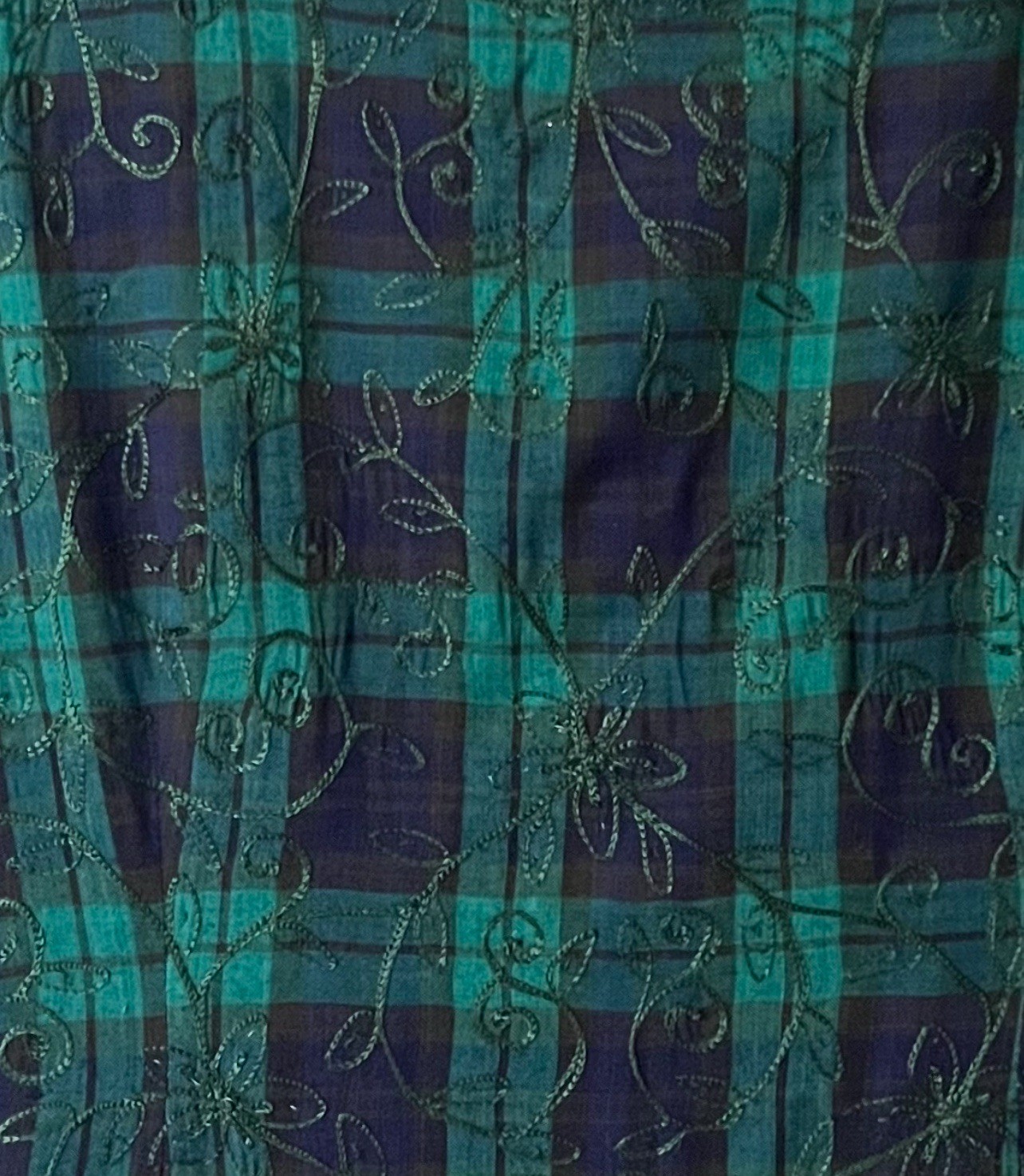 VTG LGS 90s Plaid Embroidered Drop Waist Maxi Dress 12 Tartan Plaid Shoulder Pad