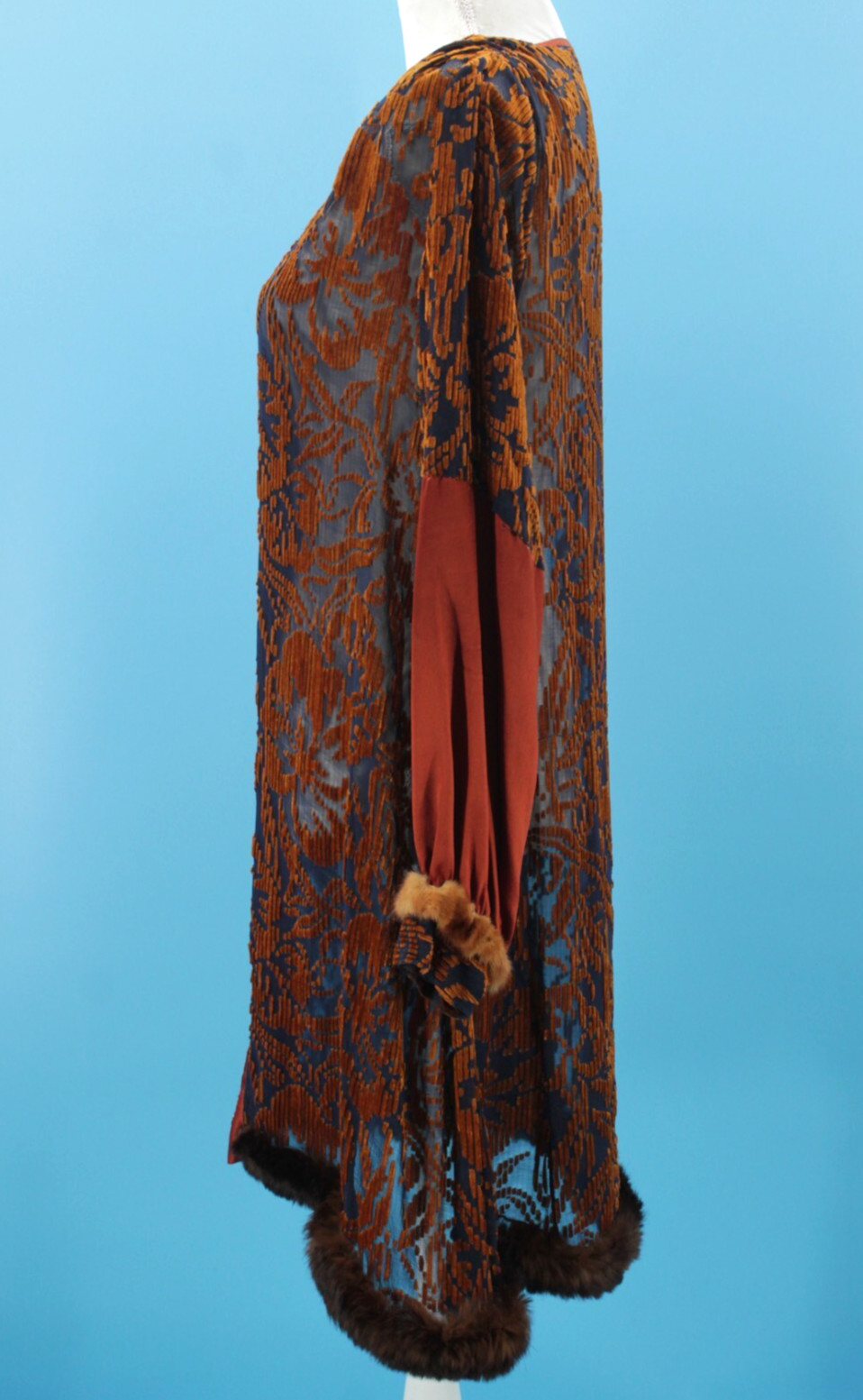 VTG Women’s 20s Brown Silk & Velvet Burnout Shift Dress W/ Fur Trim S/M 1920s