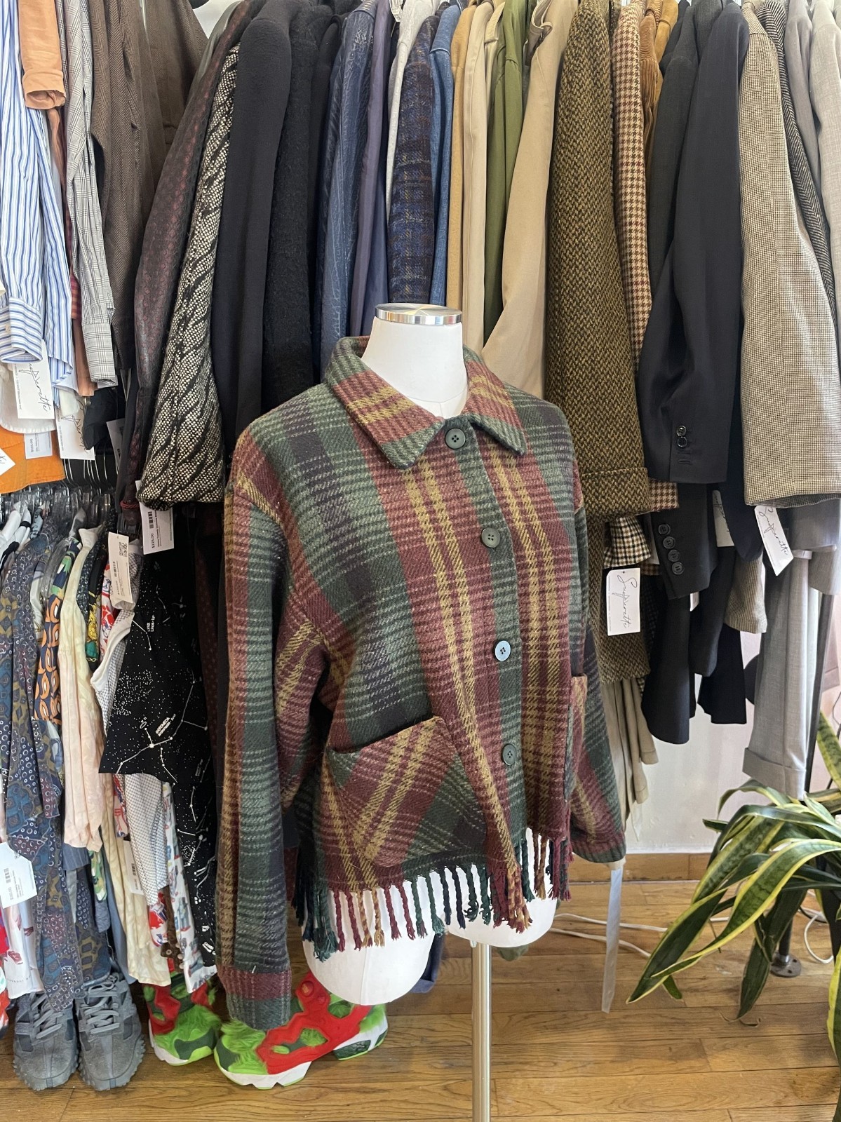 Vintage 80s Plaid Wool Cropped Fringe Jacket