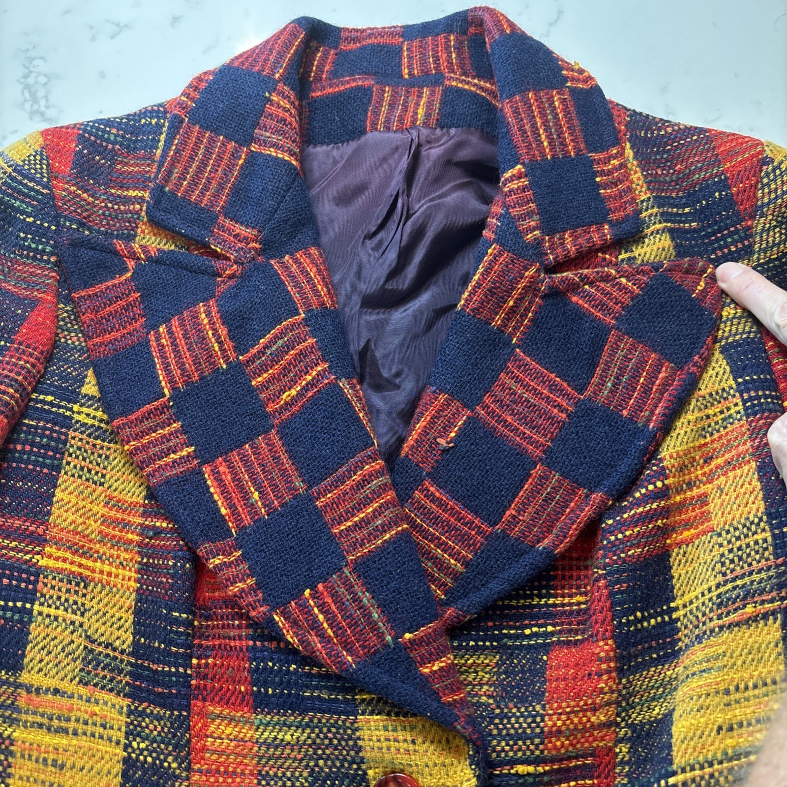 VTG 1970s Patchwork Plaid Wool Blazer Wide Lapels Retro Red Yellow Black Sz XS